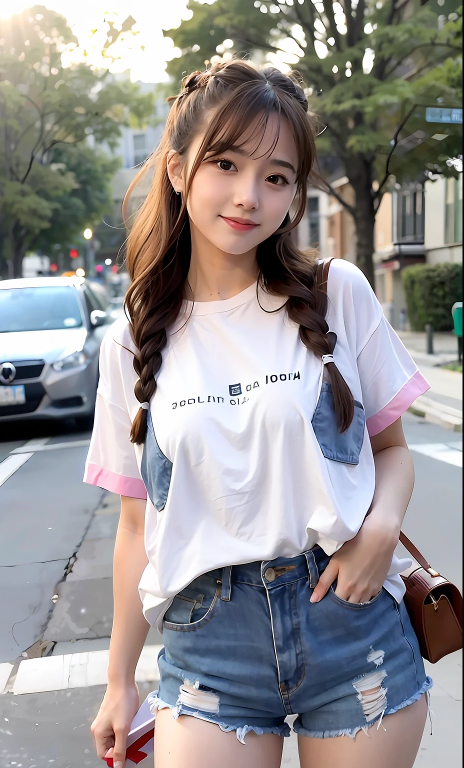 Best quality, long hair bangs curly two side braids loose towards the front, (Brown hair color), 超高分辨率, (Photorealistic:1.4), 1lovelygirl, bit girl, (Young), pink puffy , NSFW, ,(Kpop idol), (aegyo sal:1),(Denim shorts), Smiling,full bodyesbian, hands together in front, Background street, Nature, peaceful neighborhood, The sun shines on Lolita