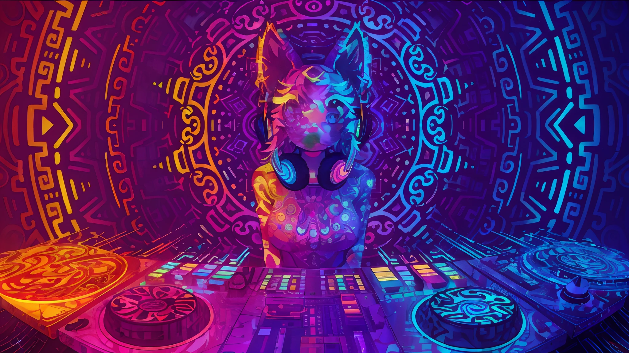 Colorful cat ears anime girl with headphones and large breasts in a psychedelic room, Illustrations of psytrance, psytrance, psychedelic art style, psychedelic color theme, psychedelic style, psychedelic effects, Jen Bartel, Beeple e Jeremias Ketner, Illustrations of the highest quality, Arte Synthwave, extremely psychedelic experience, Estilo de Arte Synthwave, style hybrid mix of beeple, Estilo de Arte Synthwave ]!!, (((obra prima))), (intrincado), Arte Mexica