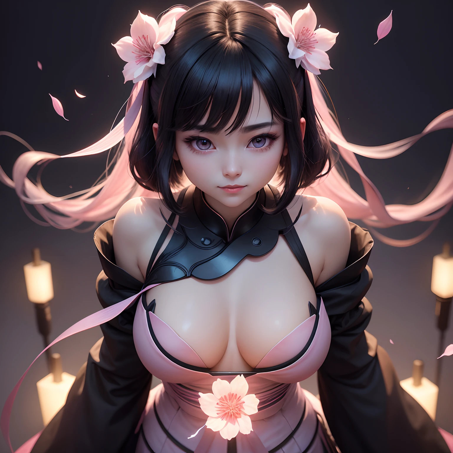 In a digital realm, cast in profound shadows, stands Sakura Hanuko, a stunning 3D avatar, her eyes twinkling with an almost ethereal glow. Bathed in a soft, luminescent pink that contrasts sharply with the pitch-black background, her hair is adorned with cherry blossom petals that seem to dance even in stillness. The gentle curves and lines of her form are rendered with exquisite precision, capturing a delicate balance between virtual reality and human likeness. Her expression is enigmatic, perhaps a smile just beginning to form, as she stands against the dark void, a mesmerizing fusion of technology's frontier and the timeless elegance of traditional Japanese aesthetics. --auto