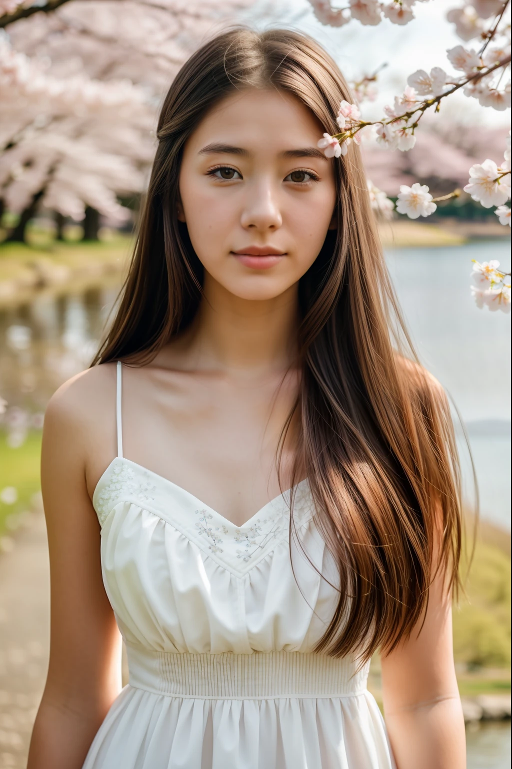 RAW photo (20 year old girl),White dress, Long hair, Realistic skin, (highdetailskin:1.2), Messy hair, There are many cherry blossom trees by the lake, Depth of field, dynamicposes,Spring colors,Realistic, filmgrain,Bright color,Beautiful face,Soft natural lighting
