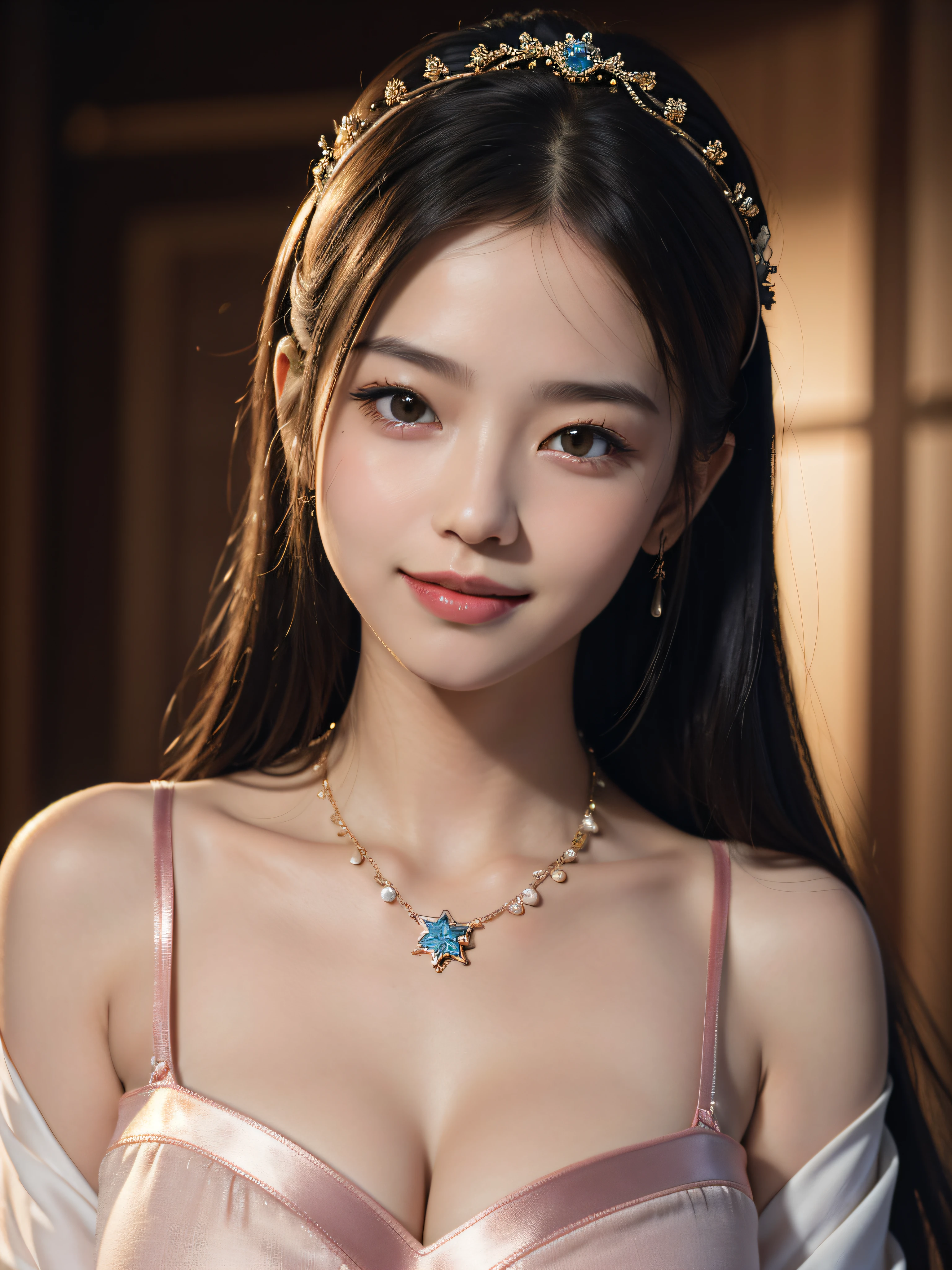 Superb Quality, Masterpiece, High Resolution, 1girl, Blush, (Seductive Smile: 0.8), Star Pupil, Chinese Hanfu, Hair Accessories, Necklace, Jewelry, Beauty, on_body, Tyndall Effect, Realism, Shadow Room, Light Edge, Two-tone Lighting, (High Detail Skin: 1.2), 8K UHD, DSLR, Soft Light, High Quality, Volume Lighting, Candid Photo, High Resolution, 4K, 8K, Background Bokeh, Big Breasts