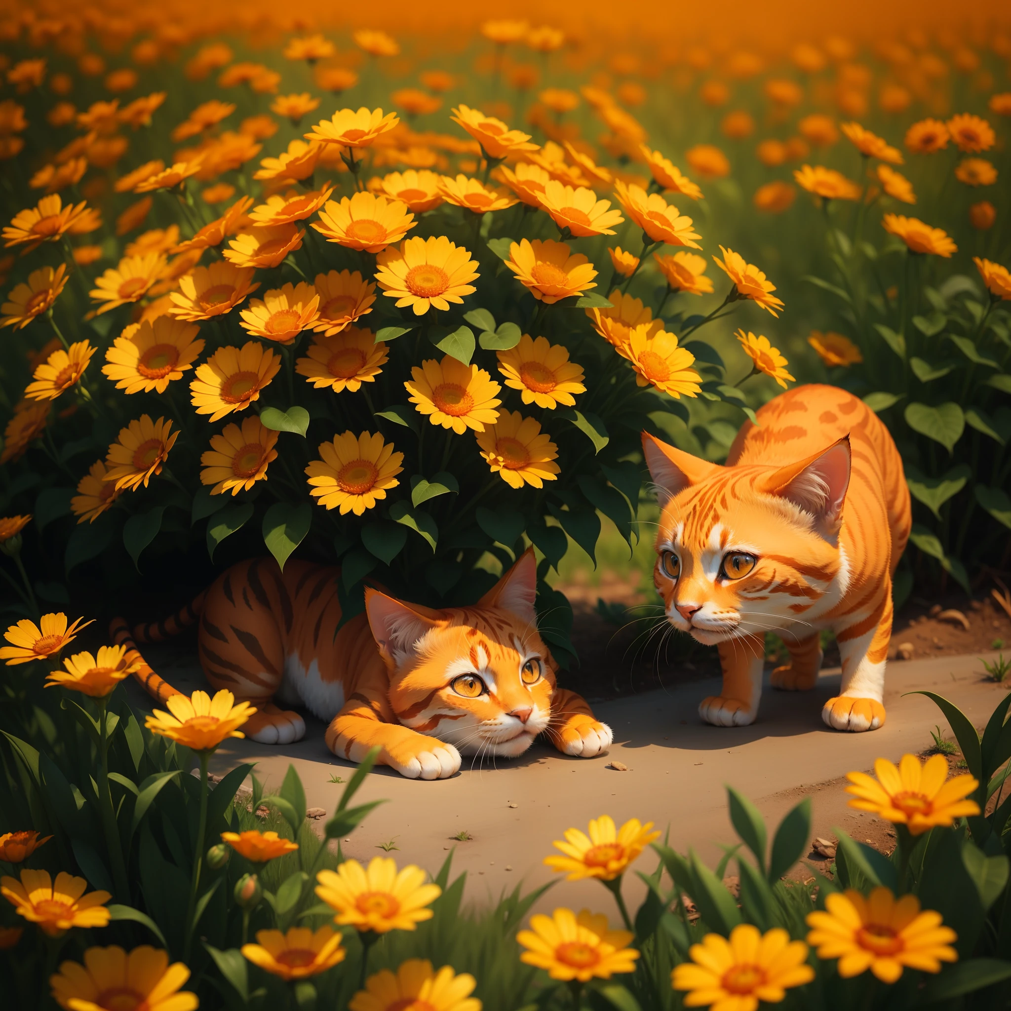 Orange cats popping up in the flowers,adolable,