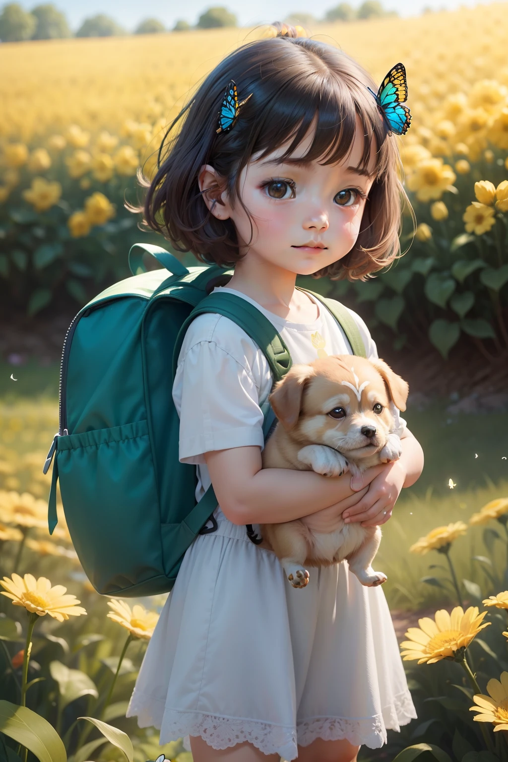 A charming with a backpack is enjoying a cute spring outing surrounded by beautiful yellow flowers and nature with her cute puppy. The illustration is a high-definition illustration in 4k resolution with highly detailed facial features and cartoon-style visuals, (Butterfly Dance)