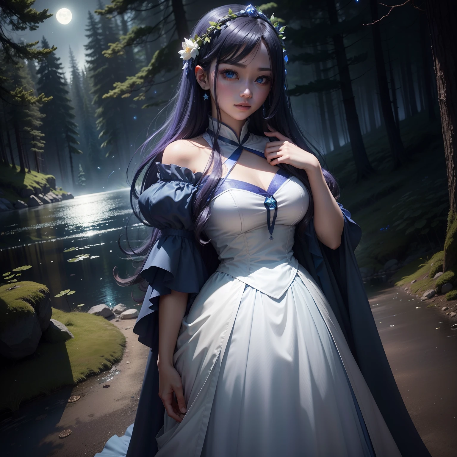 (dark shot:1.1),In the dark forest,On the right is the lake,Fireflies around it illuminate it,In the moonlight。 人物:Gender female,high and cold,Don't look at the lens,Stand on the left and look at the lake((Long hair blue-violet gradient 3:1))White dress and blue dress princess outfit,largeeyes(The pupils are blue,There are stars in the eyes)The vista is hazy,Laughter in dreams,Head slightly bowed。 Realistic and epic graphics,quality:Between comics and reality