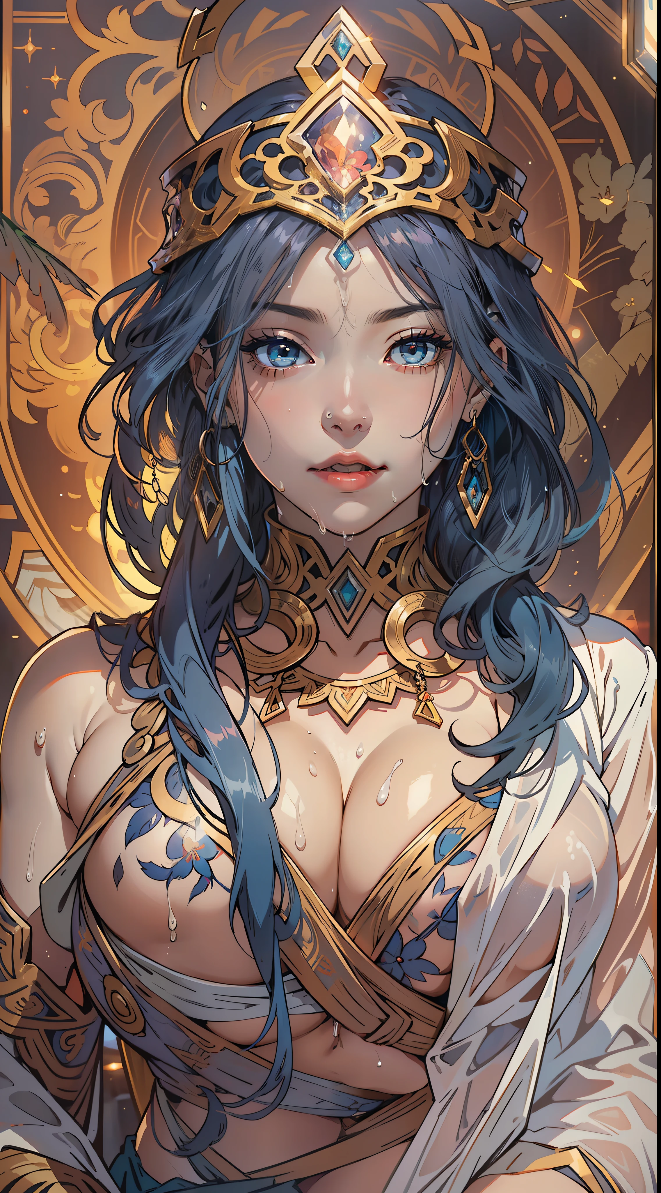 beautiful female warrior, Alphonse Mucha's style, light reflections, voluminetric lighting,sexy big breasts exposed,1female,aged 40,Huge breasts,, 独奏,(Background with:space), She has long flowing hair, standing on your feet,Sweat profusely,drenched all over the body,,blue color eyes,frontage, curlies,classicism,(((tmasterpiece),(Very detailed CG unity 8K wallpaper),best qualtiy,cinmatic lighting,detailed back ground,beatiful detailed eyes,Bright pupils,(Very fine and beautiful),(Beautiful and detailed eye description),ultra - detailed,tmasterpiece,)),facing at camera,A high resolution,ultra - detailed),熟妇,mature,revealing breasts,facing at camera,Flushed complexion,Orgasmic face,Camel toes,with no underpants,frontage,Beautiful and sexy full-body photo,((独奏)),