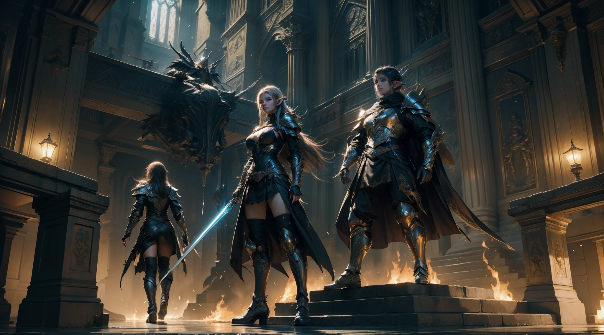 ((best qualtiy)), ((tmasterpiece)), ((Realistis)), (A detailed), (realisticlying:1.5),illusory engine, (High detail: 1.9),(femele:1.4),(big breasts beautiful: 1.4),(carismatic:1.3), (Large breasts), Female elf,beuaty girl,Exquisite armor,beauitful face, looking at viewert, dynamicposes, The background is the castle,hdr, Ray traching, NVIDIA RTX, Hyper-Resolution, Unreal 5, sub surface scattering, PBR textures, Post-processing, Anisotropic filtering, depth of fields, Maximum clarity and sharpness, trichotomy,8K original,(Luminous Particle:1.4),(VerydetailedCG,Unity 8k壁纸,cinmatic lighting,lens flare glow),Reflectors,Sharp focus,(Glowing sword:1.8)