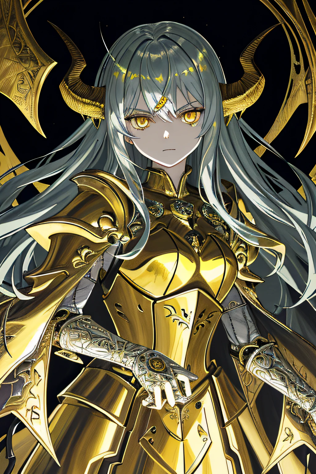 best quality,highly detailed,masterpiece,ultra-detailed,illustration,expressionless,indifference,yellow eyes,metal,{silver armor},extremely detailed CG unity 8k wallpaper,{anger},complex pattern,best quality,corner,illustration,{1 girl},wet skin,horns,cape,{masterpiece},{green hair}