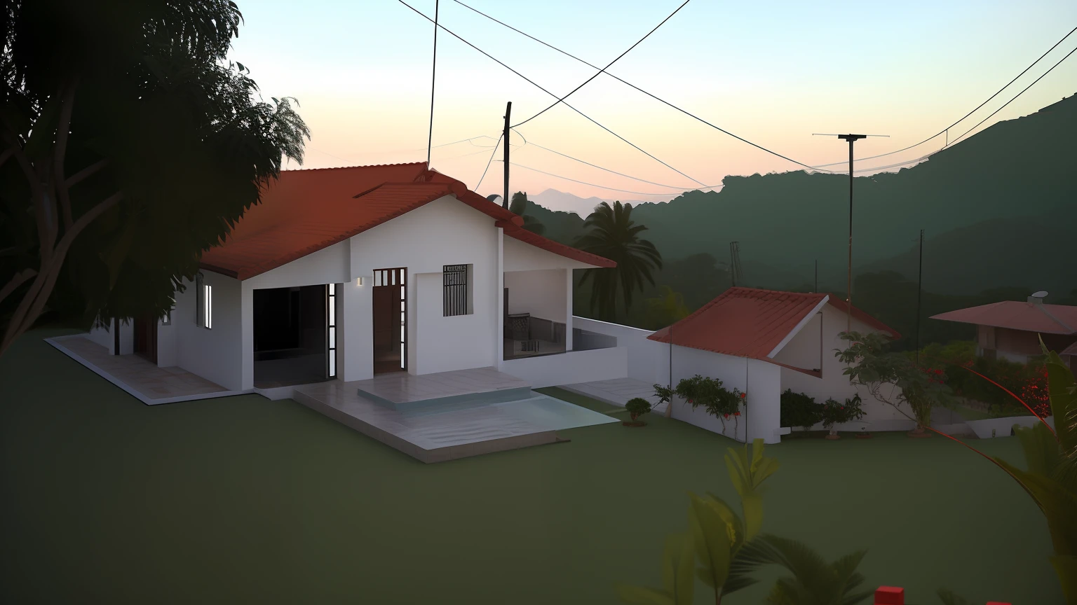 There is a small white house with a red roof and a red tile roof, Lumion Pro Rendering, Directed by: CeFerí Olivé, vista externa, Vista exterior, Casa completa, imagem frontal, casa de aldeia, Location ( favela ), visto de fora, uma casa, Casa colonial no fundo, by Rodolfo Amoedo, Casas, Directed by: Willian Murai, vista frontal, casa velha, vista frontal