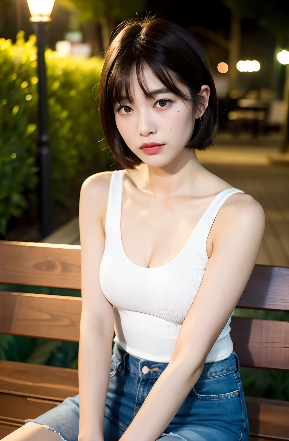 ((8K:1.27)、top-quality、​masterpiece、超A high resolution:1.2)Photo Beautiful Japan woman(pleasing:1.1) Elegance、There is a good、Gradient lighting、1girl in、Delicate skin、Look here、Brown-eyed、(short hair with bangs:1.2)、(Medium chest:1.0)、(medium areola:0.8)、(realisitic:1.4)、(top-quality:1.0)、(超A high resolution:1.0)、8K、Raw photography、(​masterpiece:0.2)、(pureerosface_v1:0.5)、Cropped tank top、Tight silhouette、Very short hot pants、shortpants、Kamimei、excited expressions、Red cheeks、want me、Staring at this、Park at night、Brightness of streetlights、total darkness、subject、look down from above、Lean、Watched、sit on a bench、Park at night、Streetlight、total darkness、Slightly thicker figure、Futomo、Futomomoga Muchimuchi、