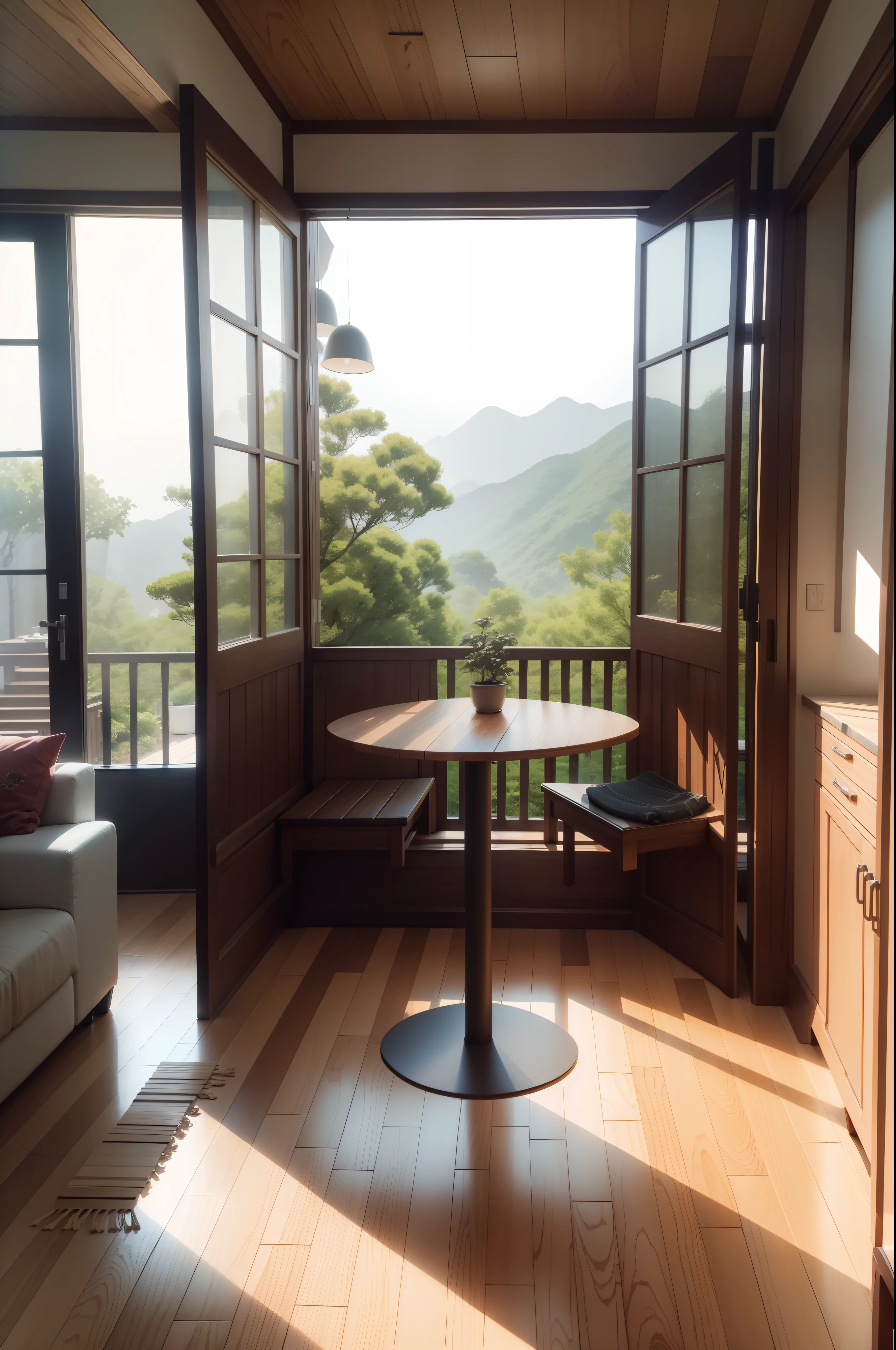 interior design、Insanely detailed wide-angle architectural photo、Cozy contemporary living room、(Bright and warm sunlight 1:0.1)、Award-winning contemporary interior design、landscapes、The table、a chair、in a house、Wooden flooring、window、resturant、east asian east asian architecture、sliding paper doors、abajour、architectural、the woods、naturey、cups、a plant、interior design、Insert lighting and shadows、depth of fields、low illuminance