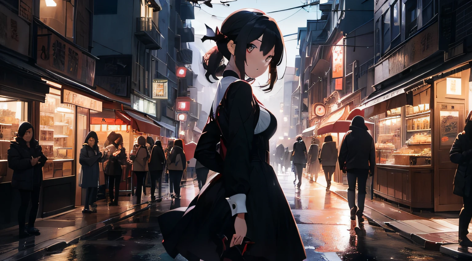 Vampire Woman、In the moonlight、Walk gracefully along bustling urban boulevards。Men are fascinated by her presence、a scene from a movie