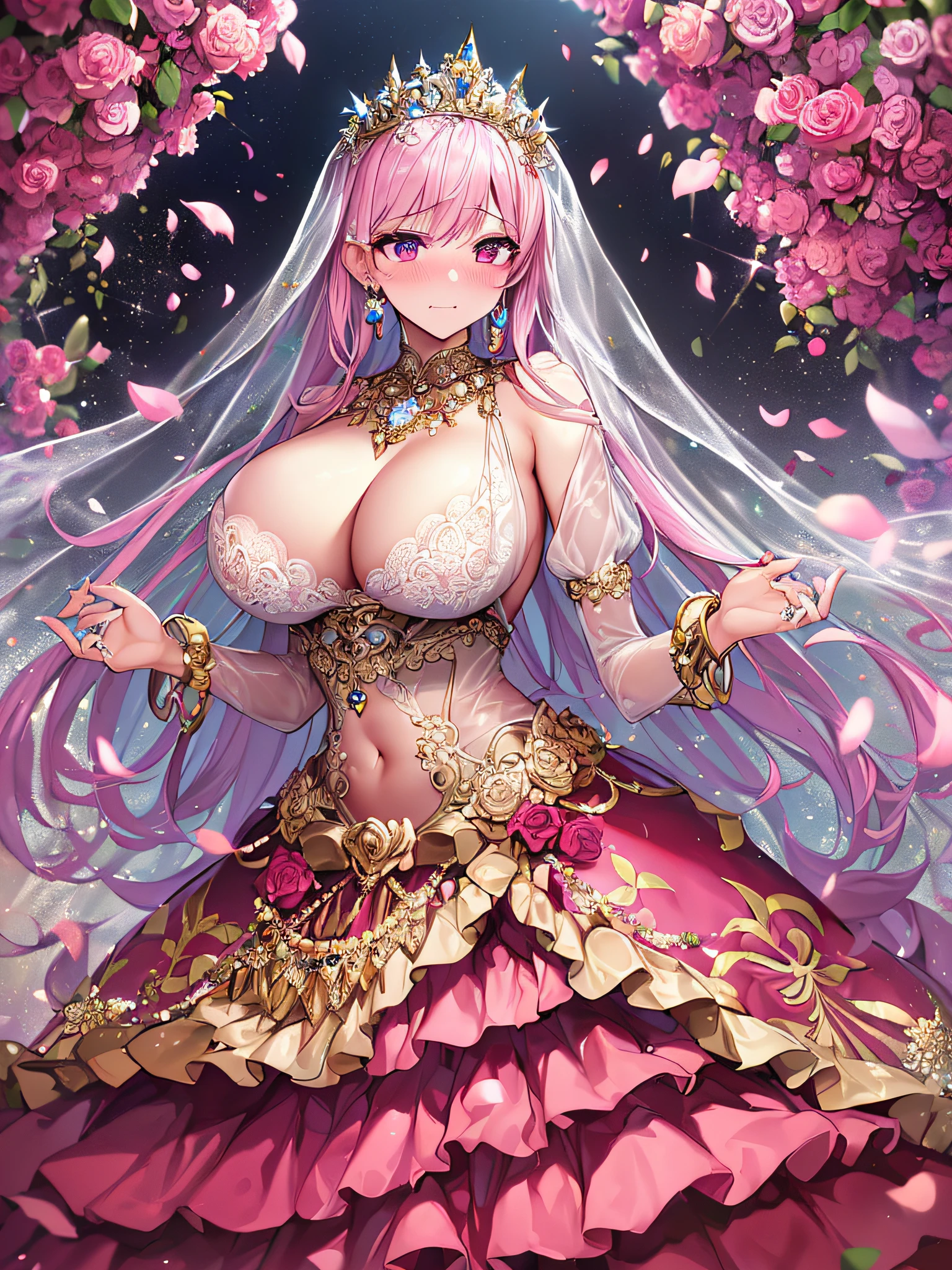 ((anime artstyle)),(Masterpiece),(Best Quality), (Super Detail),((Very Delicate and Beautiful)),(((Solo))),((full body)),standing,(((1 bling-bling princess in beautiful embroidery and jeweled gorgeous See-through wedding ball gown dress with voluminous full length hoop skirt))),bling-bling,Long train,(bling-bling gorgeous gemstone jewelry),detailed face and eyes,jewel-like eyes,cry,((embarrassed)),anguish,((large amount of straight hair,Very Long voluminous Hair,Very Long Straight voluminous Hair)),(((gigantic tits,Long tits))),cleavage,(gorgeousfull embroidery and lace),gorgeous corsage,See-through,extremely gorgeousfull hair ornament,((bling-bling extremely gorgeousfull jeweled tiara)),(Very long bridal veil),ornate ruffles,(hoop skirt,crinoline),white lily flowers, flower petals flowing,((Dynamic Angle)),Looking at viewer,((full body)),((beautiful embroidery and jeweled extremely gorgeous See-through wedding ball gown dress with voluminous full length hoop skirt))