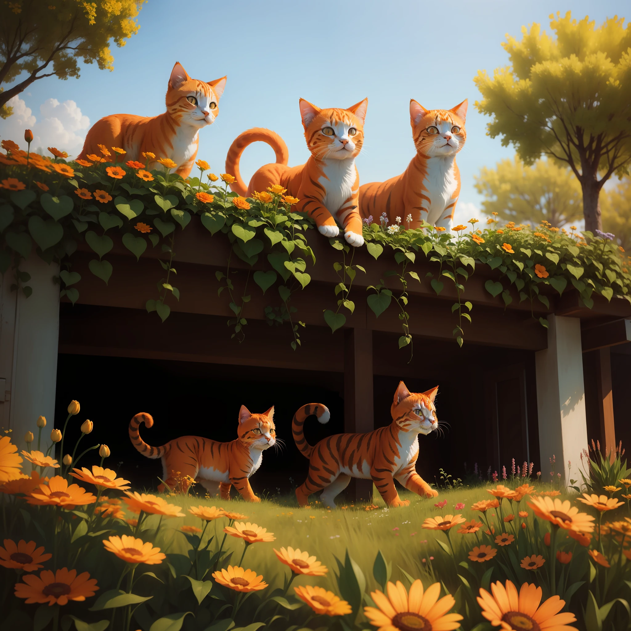 Orange cats popping up in the flowers,adolable,