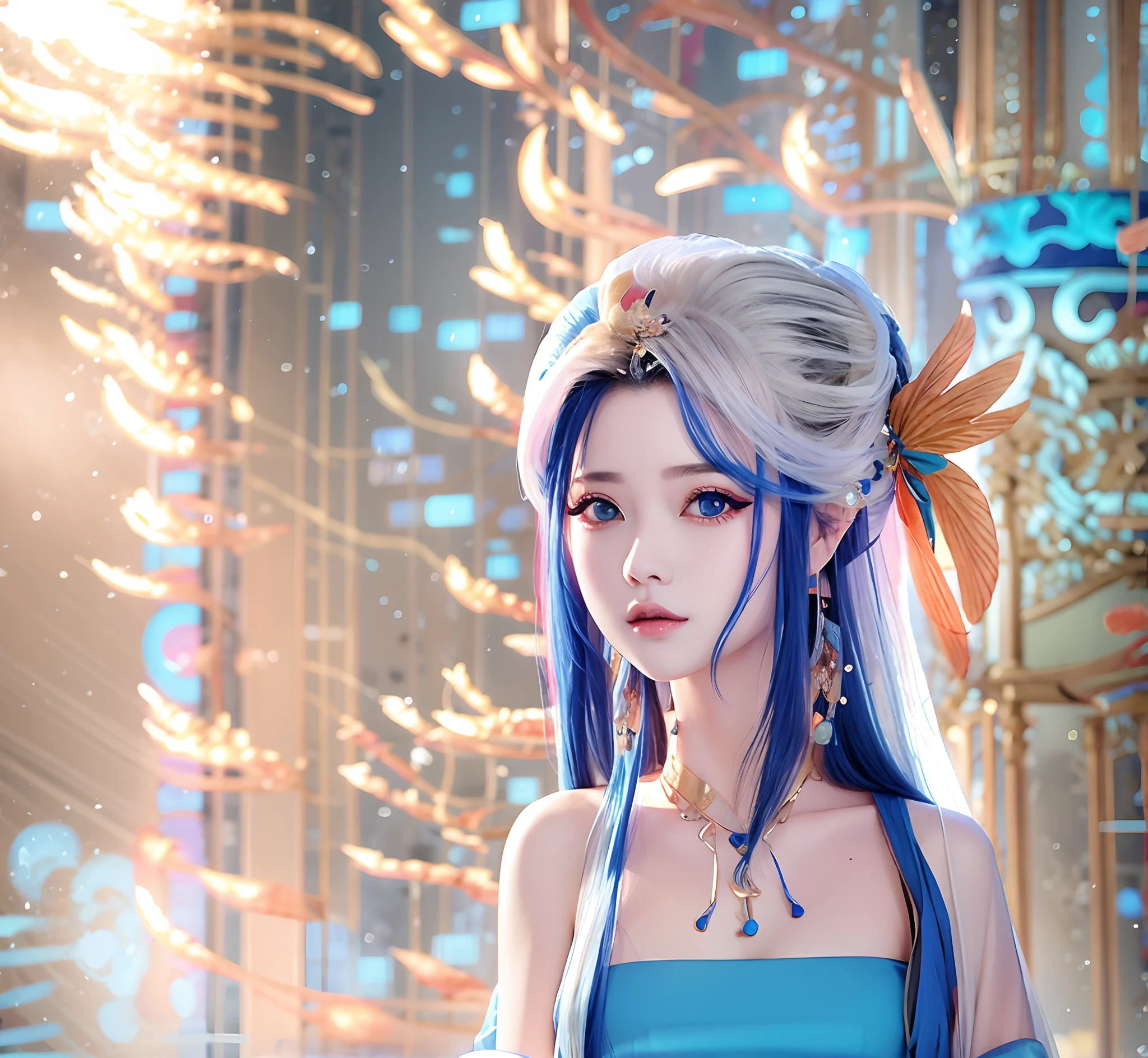 A woman with long hair and a blue dress,Against a quaint background,wearing a hanfu,Cute double bun with feather accessories on it,Exudes fairy air。