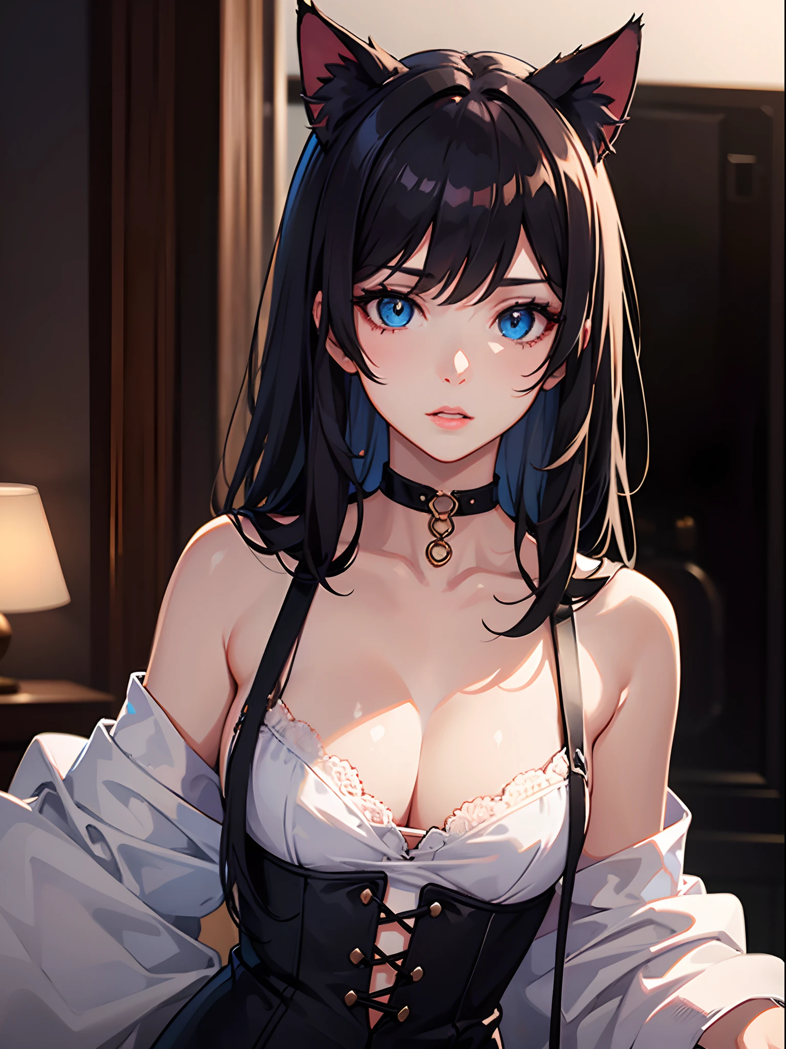 1girl, animal ears, bangs, black choker, black hair, blue eyes, blurry, cat ears, choker, closed mouth, collarbone, eyelashes, lips, long hair, looking at viewer, portrait, solo,(shiny skin),realistic,fashi-girl,mature female