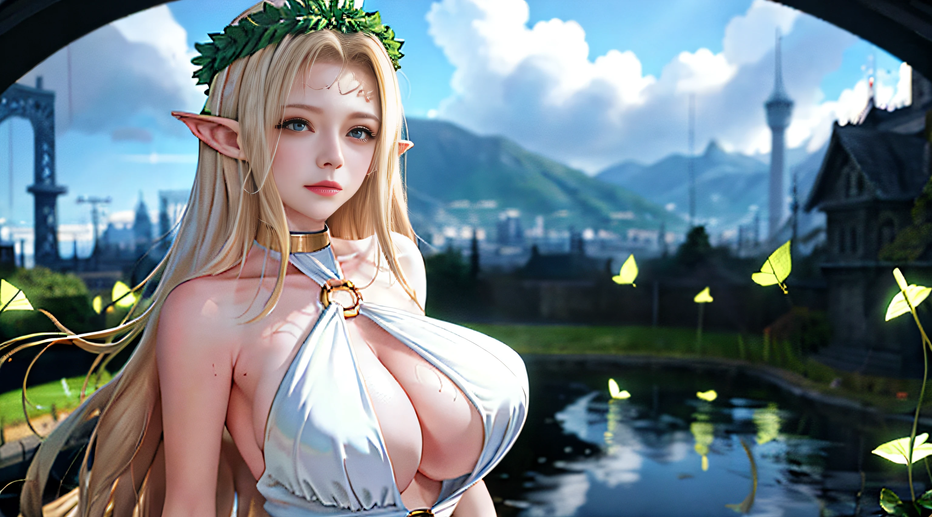 1girll, Bare shoulders, Blonde hair, Blush, Breasts, circle of the crone, cleavage, Closed mouth, dress, elf, Green eyes, head wreath, Huge breasts, laurel crown, Long hair, view the viewer, O-ring, O-ring top, Pointy ears, Simple background, Solo, Upper body, White dress,celestine lucullus,Realistis,(Shiny skin),(Masterpiece:1.4),(Best quality:1.4)