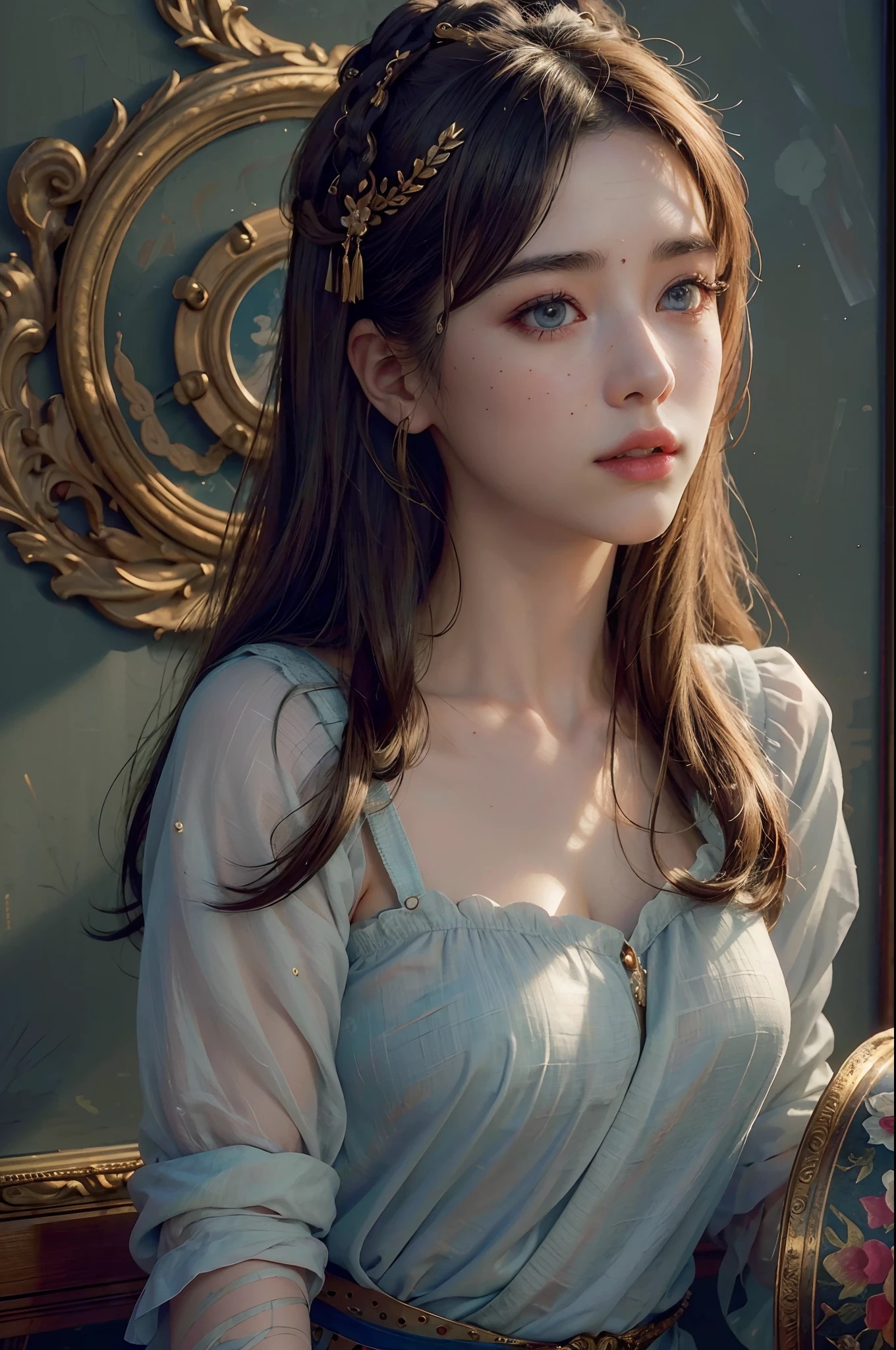 (RAW photo, best quality), (realistic, photo-realistic:1.3),best quality,highly detailed,masterpiece,ultra-detailed,illustration,1girl,upper_body,dynamic angle,world masterpiece theater,messy_long_hair,best quality,extremely detailed CG unity 8k wallpaper,ink,Amazing,cinematic lighting,lens_flare,,dunhuang_style