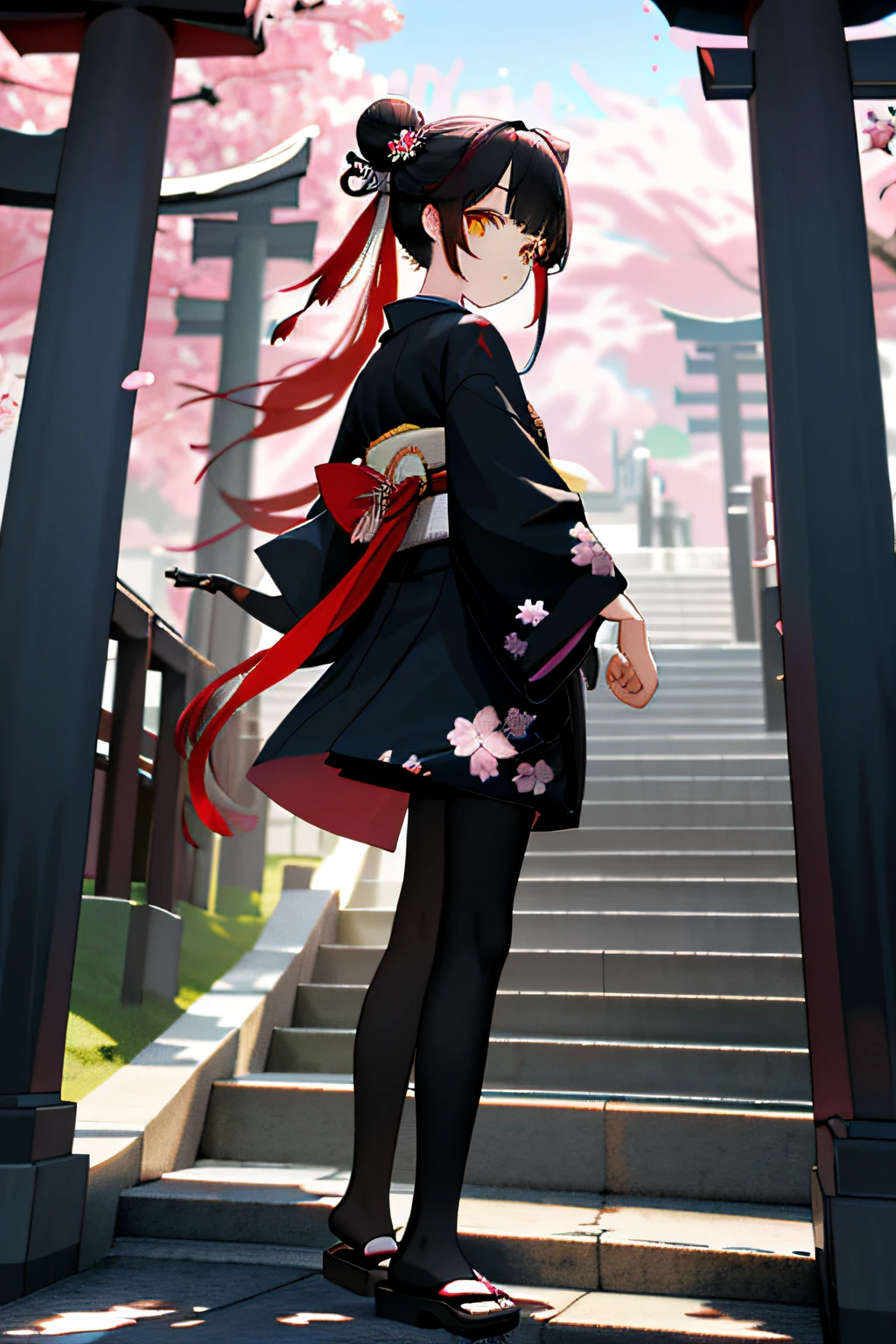 ((masterpiece,best quality)),2girls, black kimono, black legwear, black ribbon, black hair, cherry blossoms, day, flower, hair bun, hair ribbon, japanese clothes, kimono, long hair, looking at viewer, looking back ,multipel Girls,obi strip,exteriors,red eyes,red hair,ribbon,sandals,single hair bun,stairways,standing on your feet,statues,torii,The tree,Kimono with white,Yellow eyes,3D