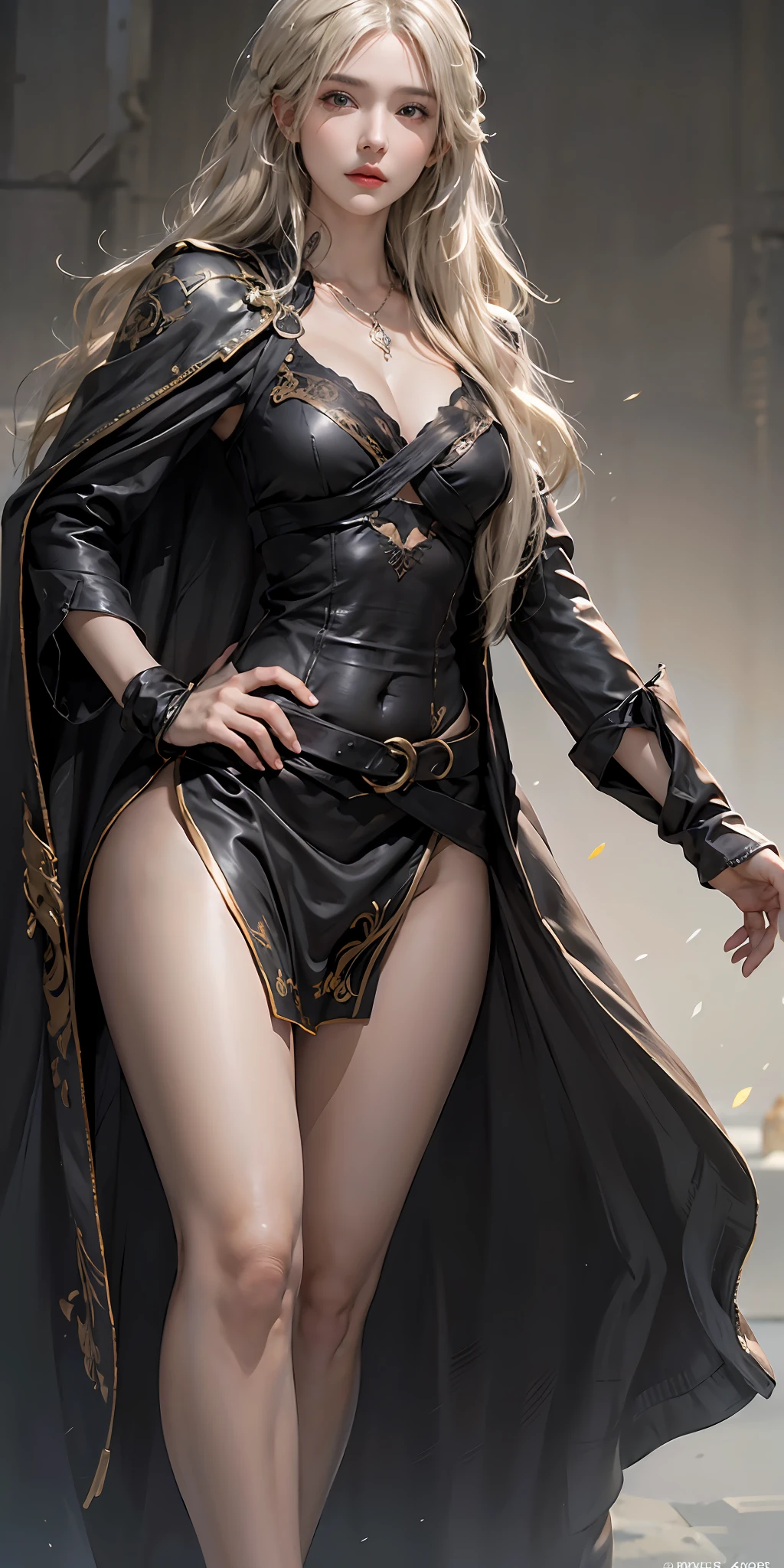 photorealistic, high resolution, soft light,1women, solo, hips up, look at viewer, (detailed face), long hair, blonde hair, bright eyes, blindfirekeeper, medium breasts, curvy, black dress, black capelet, bandaged arm, tattoo, jewelry