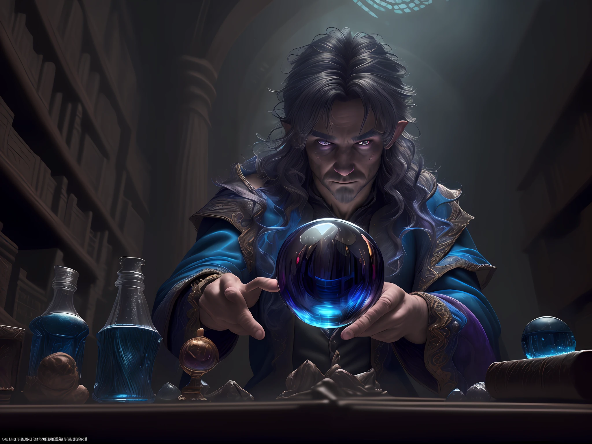 high details, best quality, 8k, [ultra detailed], masterpiece, best quality, (extremely detailed), dynamic angle, ultra wide shot, photorealistic, RAW, fantasy art, dnd art, fantasy art, realistic art, a wide angle view wallpaper of a wizard (intense details, Masterpiece, best quality: 1.5) looking into his crystal ball (intense details, Masterpiece, best quality: 1.5), casting a spell in his magical laboratory, human male wizard, fantasy wizard (intense details, Masterpiece, best quality: 1.5), D&D wizard, young human male (intense details, Masterpiece, best quality: 1.5), [[anatomically correct]], dynamic hair, dynamic eyes, wearing magical robe (intense details, Masterpiece, best quality: 1.5), dynamic colors, ultra detailed face (intense details, Masterpiece, best quality: 1.5), manipulating blue magical energy, in his laboratory (intense details, Masterpiece, best quality: 1.5), many magical tomes, magical library (intense details, Masterpiece, best quality: 1.5),  many magical vials, ultra wide angle from a medium distance,