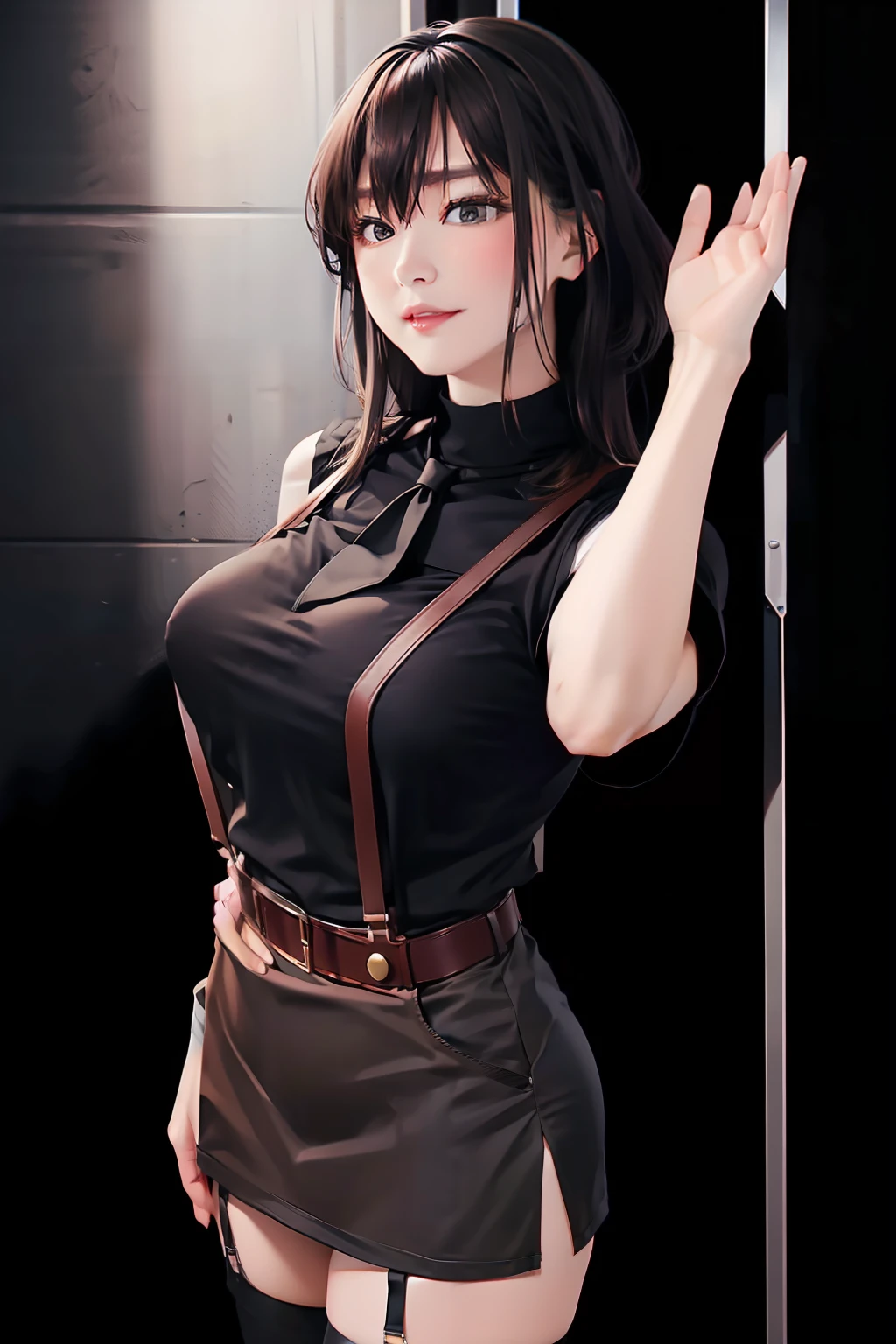 a belt suspenders Black miniskirt neck tie Black tank top Black stockings Brown hair Long Gray eyes holster Garter belt on the legs large full breasts Fold your hands behind your back Get hungry huge tit