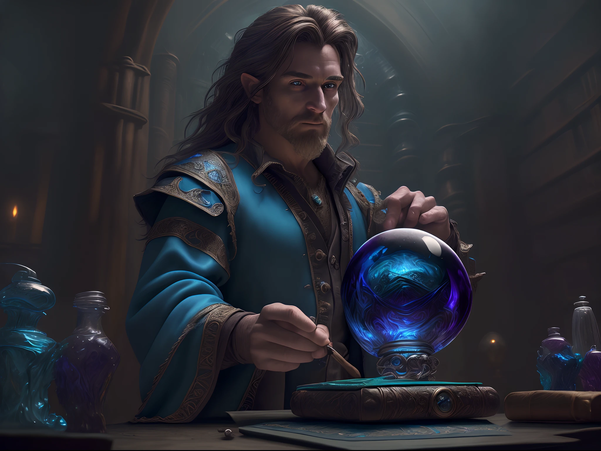 high details, best quality, 8k, [ultra detailed], masterpiece, best quality, (extremely detailed), dynamic angle, ultra wide shot, photorealistic, RAW, fantasy art, dnd art, fantasy art, realistic art, a wide angle view wallpaper of a wizard (intense details, Masterpiece, best quality: 1.5) looking into his crystal ball (intense details, Masterpiece, best quality: 1.5), casting a spell in his magical laboratory, human male wizard, fantasy wizard (intense details, Masterpiece, best quality: 1.5), D&D wizard, young human male (intense details, Masterpiece, best quality: 1.5), [[anatomically correct]], dynamic hair, dynamic eyes, wearing magical robe (intense details, Masterpiece, best quality: 1.5), dynamic colors, ultra detailed face (intense details, Masterpiece, best quality: 1.5), manipulating blue magical energy, in his laboratory (intense details, Masterpiece, best quality: 1.5), many magical tomes, magical library (intense details, Masterpiece, best quality: 1.5),  many magical vials, ultra wide angle from a medium distance,