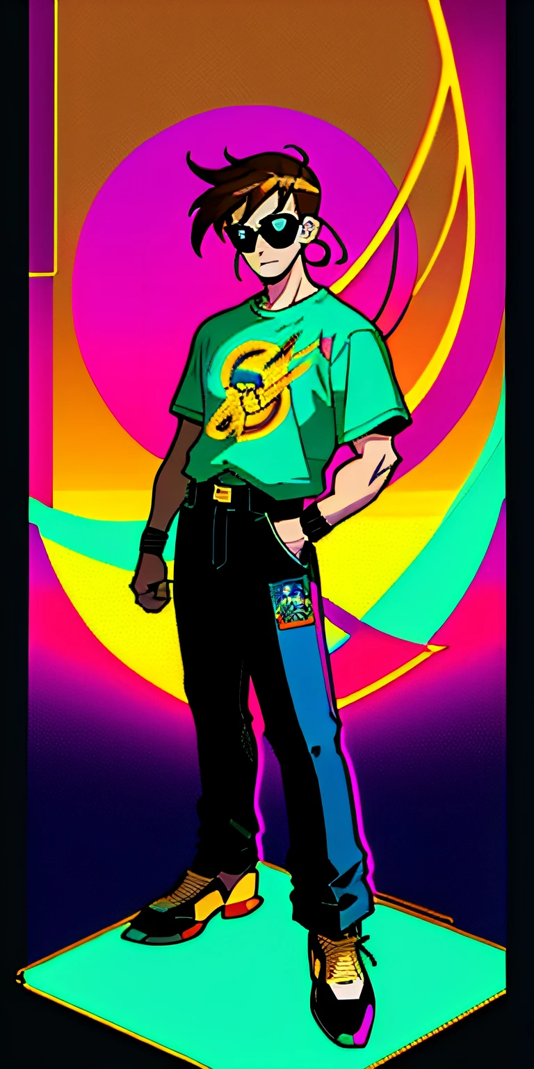 Retrowave cool boy with headset character design,Sticker,Full body shot ,Anime style, Trigger studio style, comic book art, Comics, Inking, scribble art, Graphic, Neon colors, Golden ratio composition, design for tshirt,8K