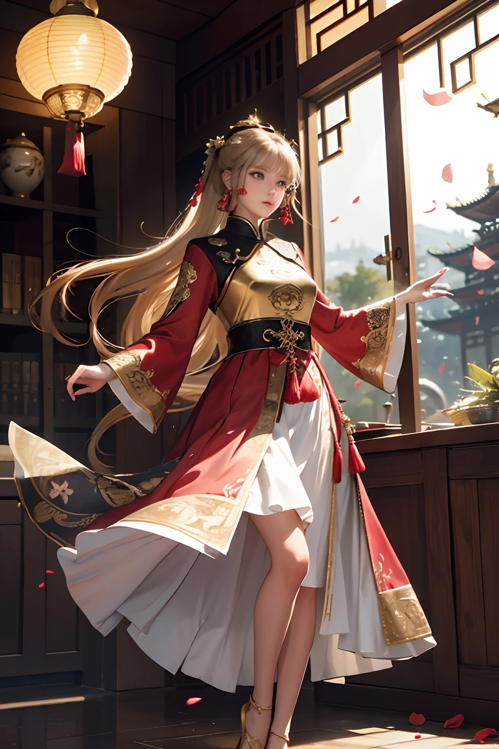 best quality, masterpiece, highres, (exquisite body:1.5),gorgeous face,(milky skin:1.3),intricate details,high resolution,wallpaper,
1girl, solo, dress, hair ornament, (((gold and red dress))), flowers, long hair, brown hair, closed mouth, jewelry, long sleeves, hand up, wide sleeves, big eyes,floating hair, chinese clothes, hanfu, embroidery, long skirt, natural pose, falling petals, indoor,fanning, lantern,
16K,HDR,highres,depth field,(film grain:1.1),boken,golden hour,(lens flare),vignette,rainbowing,(color grading:1.5)