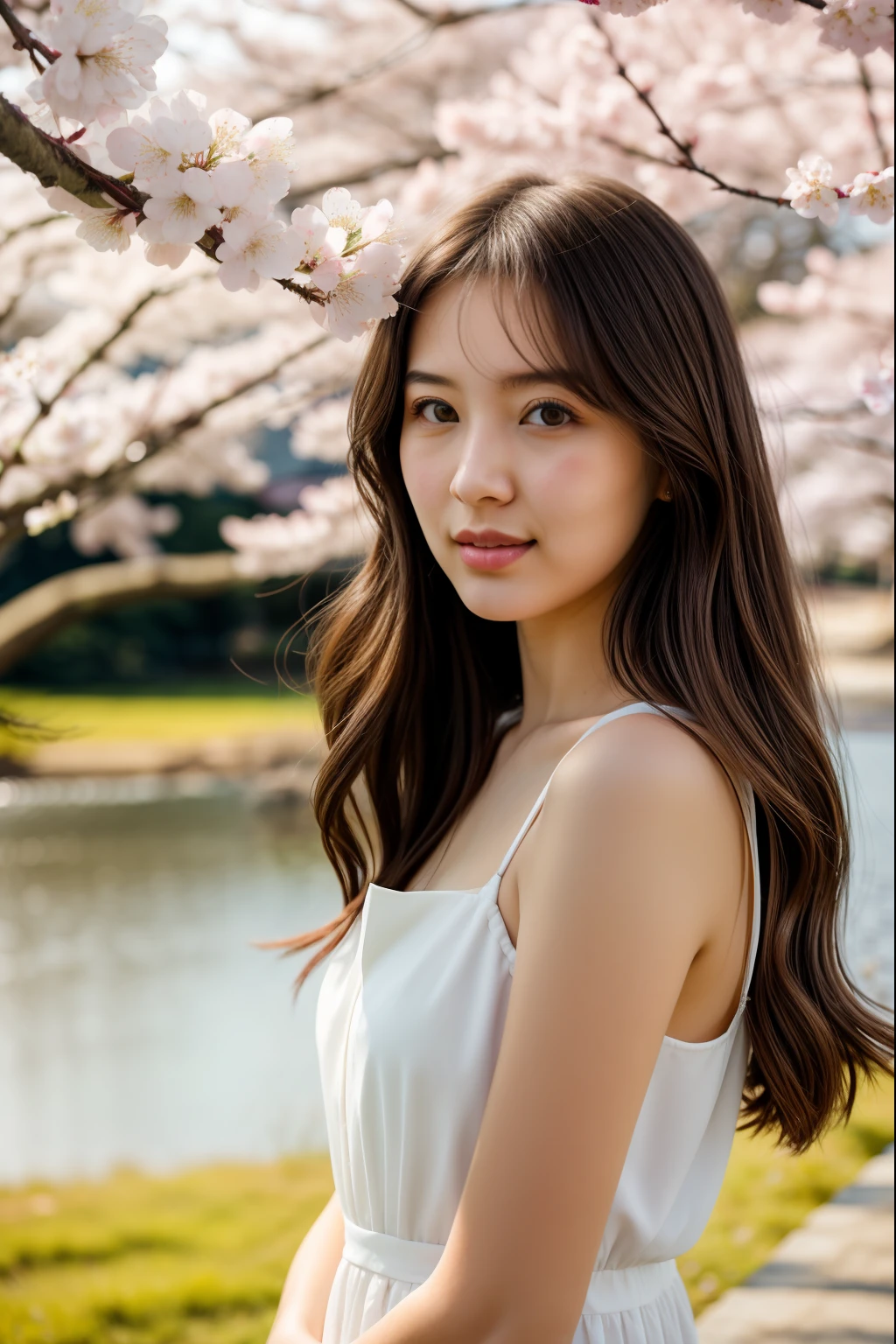 RAW photo (20 year old girl),White dress,  Long hair, Realistic skin, (highdetailskin:1.2), Messy hair, There are many cherry blossom trees by the lake,  Depth of field,   dynamicposes,Spring colors,Realistic, filmgrain,Bright color,Beautiful face,Soft natural lighting