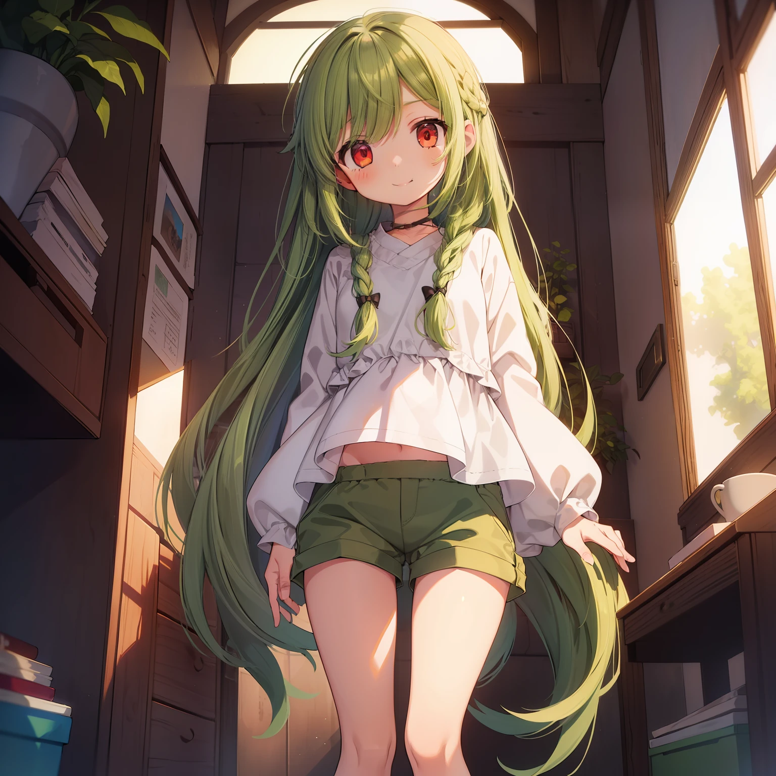 Beautiful illustration, Best Quality, 12-year-old girl、(cute petit girl),Lori、((Long tunic layered in green chino shorts))、((low rise short pants))、(Chino shorts hem and thigh gap)、Thighs visible from the hem of shorts、Thigh gap、 Beautiful red eyes, Cinematic lighting,Euphoric smile、(long green hair)、Braiding of the occipital part、Occipital１2 large black ribbons