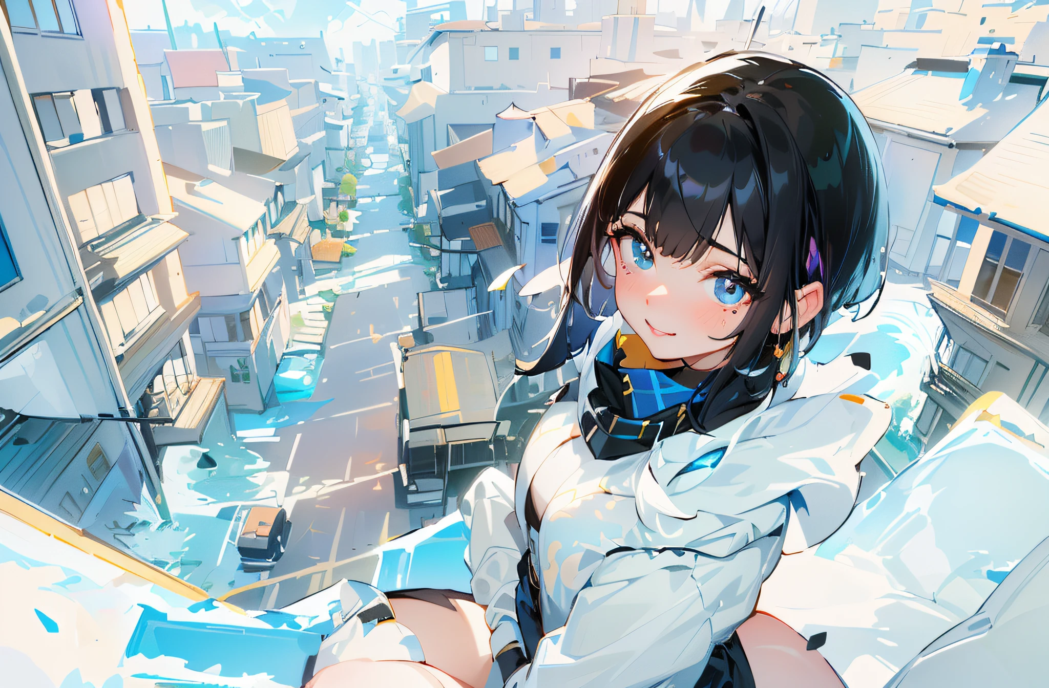 Masterpiece, top quality, ultra-high resolution, high detailed portrait, (photorealistic photo: 1.4), (1 girl) ((1 girl, white fair skin, kneeling, from above, looking up at the viewer, face close-up, 19 years old, pretty, cute, pretty black hair, shiny black hair, bob_cut, short hair, big breasts)) (attractive, simple blue and white two-tone uniform, uniform, shiny outfit, (portrait of a famous actress of Japan), (smile, happy, joyful, cheerful, close mouth), (breasts tucked between arms between breasts), high detailed eyes, (really pure white background, nothing background)), ((long neck, bangs, bangs, pretty face, gaze staring at the camera, eyelashes, big eyes, clear double eyelids, tear moles, shiny skin, clean skin quality, lip gloss))