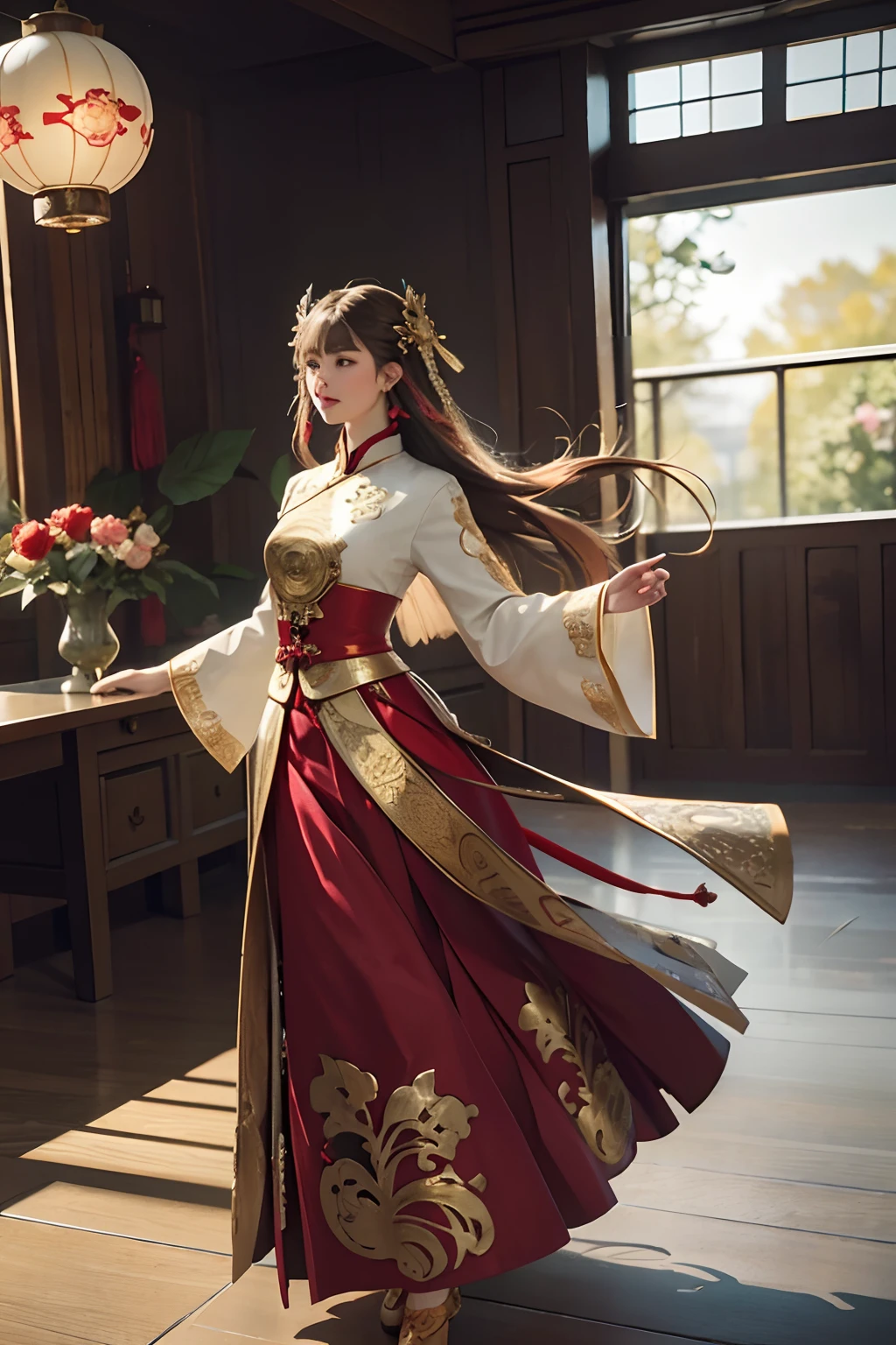 best quality, masterpiece, highres, (exquisite body:1.5),gorgeous face,(milky skin:1.3),intricate details,high resolution,wallpaper,
1girl, solo, dress, hair ornament, (((gold and red dress))), flowers, long hair, brown hair, closed mouth, jewelry, long sleeves, hand up, wide sleeves, big eyes,floating hair, chinese clothes, hanfu, embroidery, long skirt, natural pose, falling petals, indoor,fanning, lantern,
16K,HDR,highres,depth field,(film grain:1.1),boken,golden hour,(lens flare),vignette,rainbowing,(color grading:1.5)