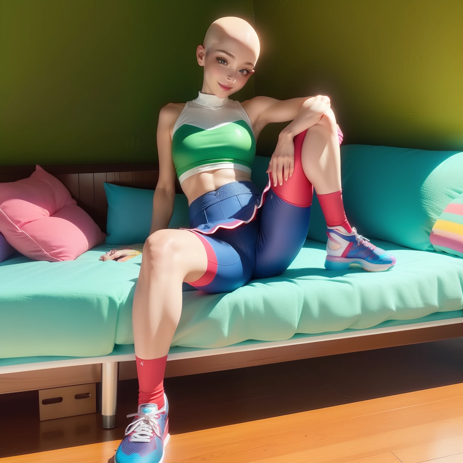 Mary Sue heroine,The bright bald head reflects the colorful light,Under the sun,Recline on the cliff,Grab the edge of the cliff with your backhand,48 packs,Very short metal top,Bright red trousers on the lower left body,The lower right half is a mini green skirt,Clothes and pants are connected by 2 white threads,Left foot breaststroke shoes,Right foot roller skate,Colorful eyelashes,Sapphire colored lips,Large area of eyeshadow,Kaleidoscopic writing wheel eye pupil