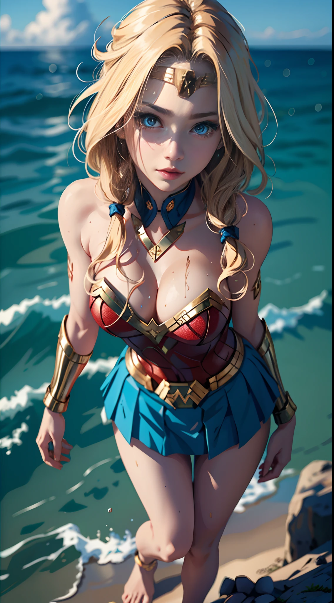 ultra - detailed， Perfect body， Detailed eyes， beuaty girl， JK skirt， roleplaying， 1female，18yr old，Huge breasts，Pornographic exposure， 独奏，（Background with：jetty）， She has long flowing hair， standing on your feet，Sweat profusely，drenched all over the body，，blue color eyes，frontage，blond straight hair， curlies，mostly cloudy sky，Wonder Woman uniform（（（tmasterpiece），（Very detailed CG unity 8K wallpaper），best qualtiy，cinmatic lighting，detailed back ground，beatiful detailed eyes，Bright pupils，（Very fine and beautiful），（Beautiful and detailed eye description），ultra - detailed，tmasterpiece，）），facing at camera，A high resolution，ultra - detailed），熟妇，mature，revealing breasts，facing at camera，Flushed complexion，Orgasmic face，Pornographic exposure，frontage，（（独奏）），At the pier，The upper part of the body，