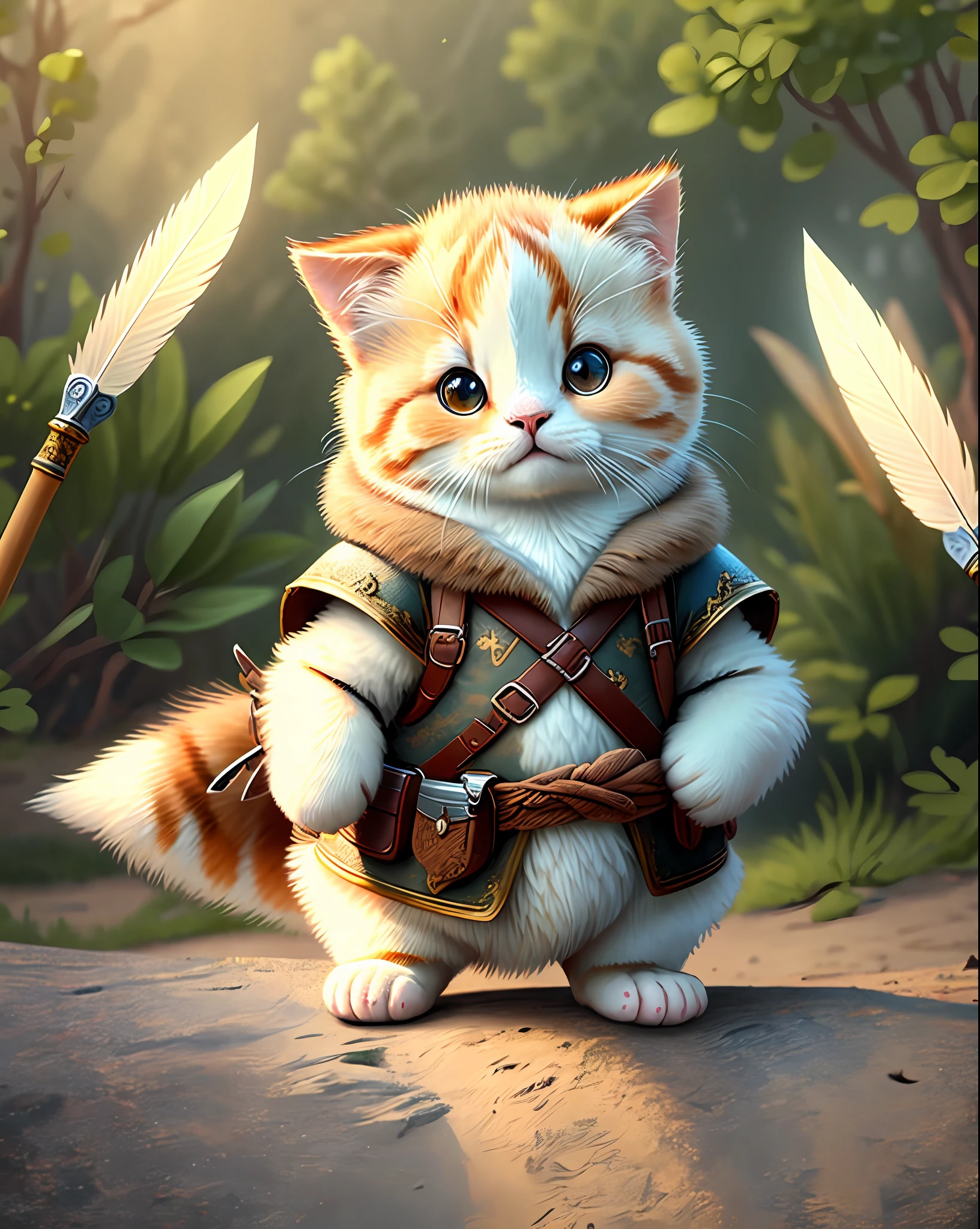 Top image quality、"Create a masterpiece of cute creatures. （calico cat）, high detailing, in 8K、Top image quality、Dressed as an adventurer、Holding a sword and shield in your hand、