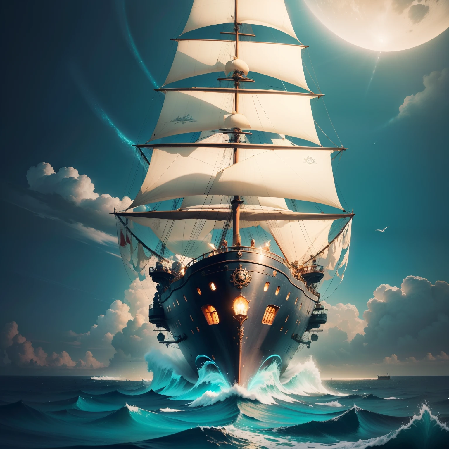 Envision a captivating scene of a mystic pirate ship adrift on the enchanting turquoise waters of a magical realm. Describe the ship's ethereal appearance, from its intricate, luminescent carvings to the iridescent sails that catch the light of the two moons above. Delve into the ship's connection to the mystical energies of the sea, detailing how it harnesses these powers for propulsion and protection. Highlight the crew's attire, which mirrors the colors of the sea, and explore the ship's ability to phase in and out of reality, disappearing from view when danger approaches. Convey the sense of wonder and mystery that this ship brings to all who encounter it in this realm where reality and magic intertwine