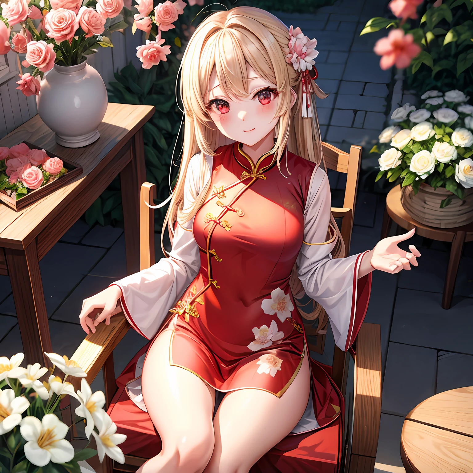 a blond、red eyes、One pretty girl、独奏、animesque、flower field、red blush、White cheongsam、Sitting on a chair、Underwear is slightly visible