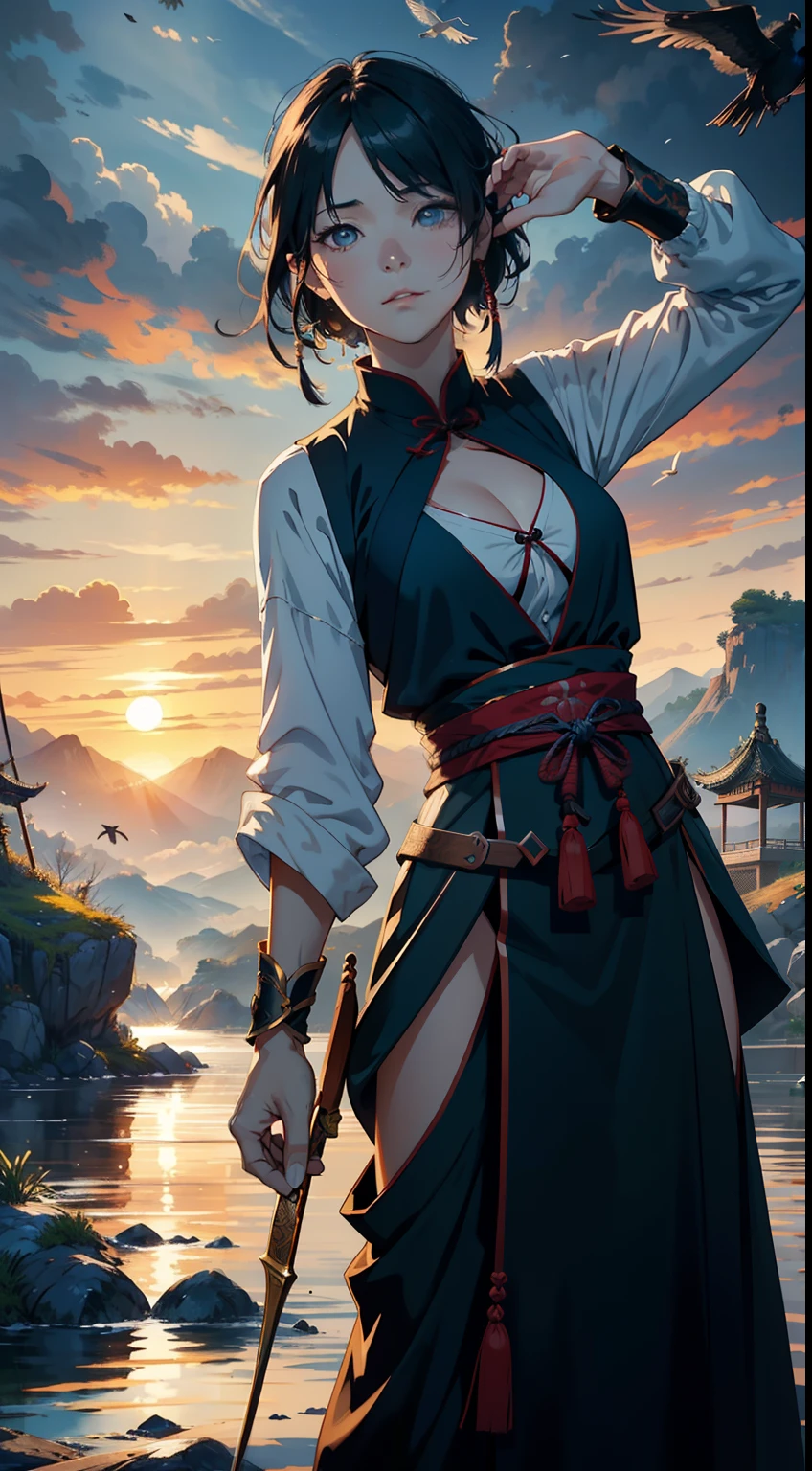 Ancient Chinese cultivators of immortal Daoist wielding swords,((Male elderly))Appearance,The facial expression is full and peaceful,The eyes are firm and bright,(Extremely detailed and perfect facial details)closeup cleavage,(Full body appearance),(Silk silk clothes),The background is the mountain,Crane,Flying birds,drak,Surrealist illusory scenes,The setting sun shines obliquely through the clouds,(Noticeable light and shadow effects),(Magical epic style),(Masterpiece),(HighestQuali),(8k wallpaper),(Master painting),(Ink painting style),(Splash ink),(Paint splashes),(Photography Award),photorealestic,realisticlying