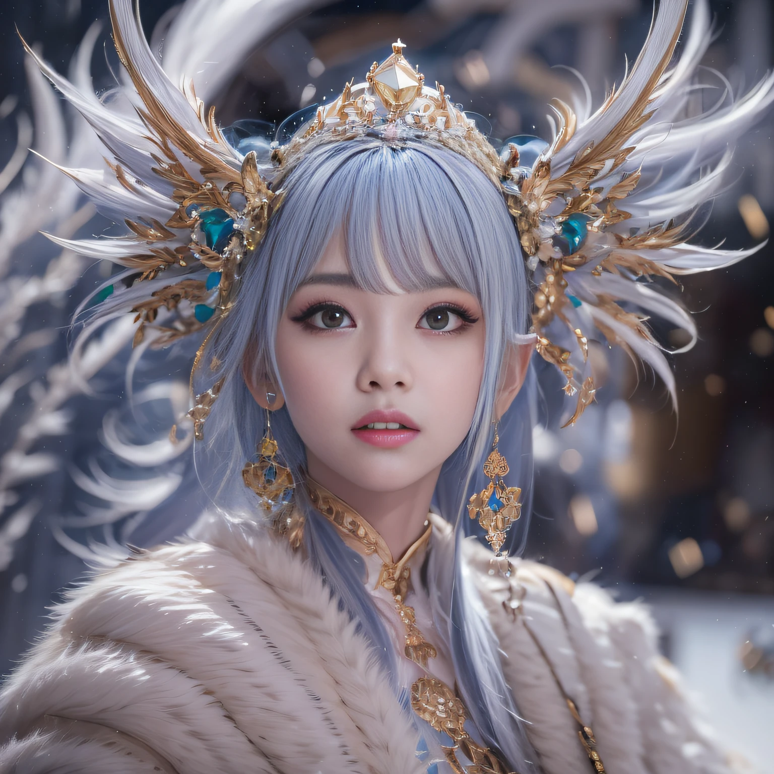 16k(tmasterpiece,k hd,hyper HD,16k)short detailed hair,Back room area,King Girl ,Silver Dragon Protector (realisticlying:1.4),Python pattern robe,Purple-pink tiara,Snowflakes fluttering,The background is pure,Hold your head high,Be proud,The nostrils look at people, A high resolution, the detail, RAW photogr, Sharp Re, Nikon D850 Film Stock Photo by Jefferies Lee 4 Kodak Portra 400 Camera F1.6 shots, Rich colors, ultra-realistic vivid textures, Dramatic lighting, Unreal Engine Art Station Trend, cinestir 800,Hold your head high,Be proud,The nostrils look at people