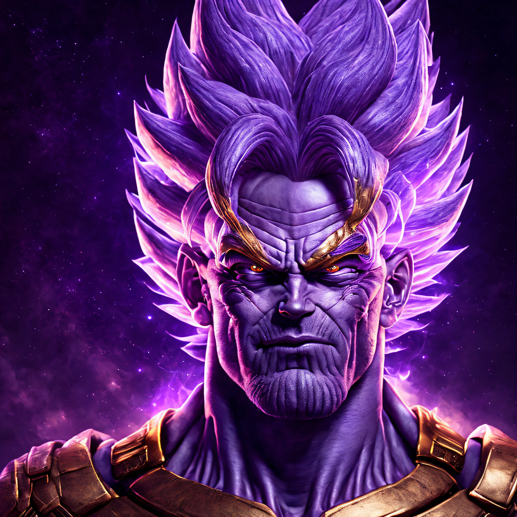 thnos, 8k, masterpiece, (goku:1.2), realistic, portrait, space background, perfect face, detailed face, (super saiyan:1.2), glowing purple hair, (planet:1.3)