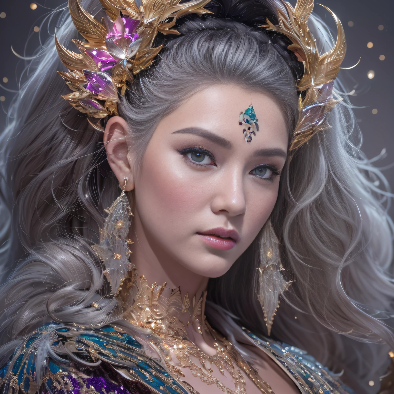 16k（tmasterpiece，k hd，hyper HD，16k）short detailed hair，Gold jewelry area in the back room，King Girl ，Silver Dragon Protector （realisticlying：1.4），Python pattern robe，Purple-pink tiara，Snowflakes fluttering，The background is pure，Hold your head high，Be proud，The nostrils look at people， A high resolution， the detail， RAW photogr， Sharp Re， Nikon D850 Film Stock Photo by Jefferies Lee 4 Kodak Portra 400 Camera F1.6 shots, Rich colors, ultra-realistic vivid textures, Dramatic lighting, Unreal Engine Art Station Trend, cinestir 800，Hold your head high，Be proud，The nostrils look at people