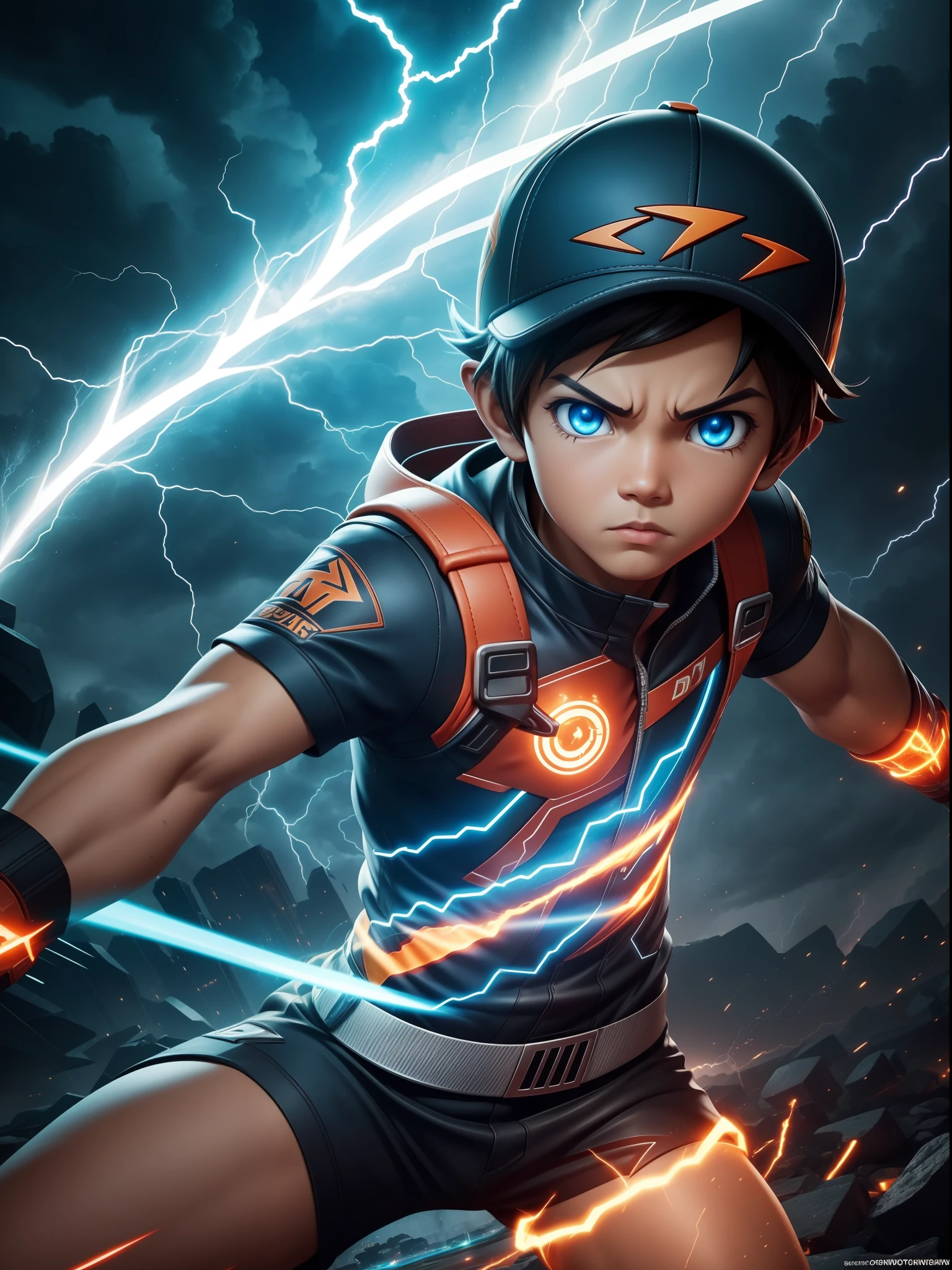 {A photorealistic depiction} of Boboiboy in his lightning form, surrounded by crackling electric energy. The scene takes place against a stormy sky backdrop, with Boboiboy's lightning powers fully ignited. The art style should capture the realism of the character's appearance while emphasizing the dynamic energy of his lightning form. The camera lens used is a 70mm, capturing the intricate details of the electric arcs and Boboiboy's expression. The lighting is intense, with bright flashes of lightning illuminating the scene. The image's resolution should be 8K to capture the intricacies of the lightning effect.
