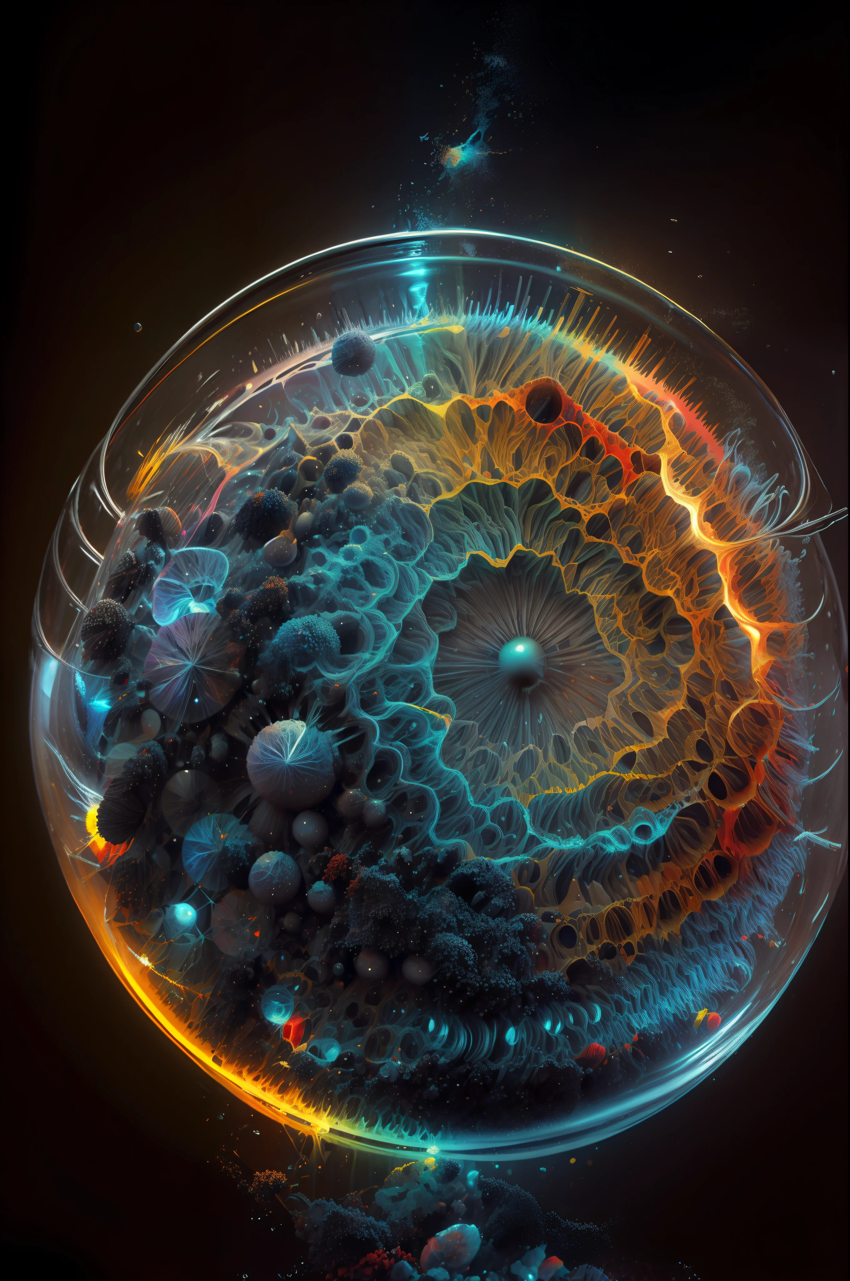 (temperatura absoluta cero grados Kelvin ),Arte de Alberto Severo, salpicaduras y gotas congeladas multicolores, dream, Pintura digital surrealista , brillos tornasolados, efectos 3D, Ultra HD, obra de arte magistral ,cinematic lighting,16k