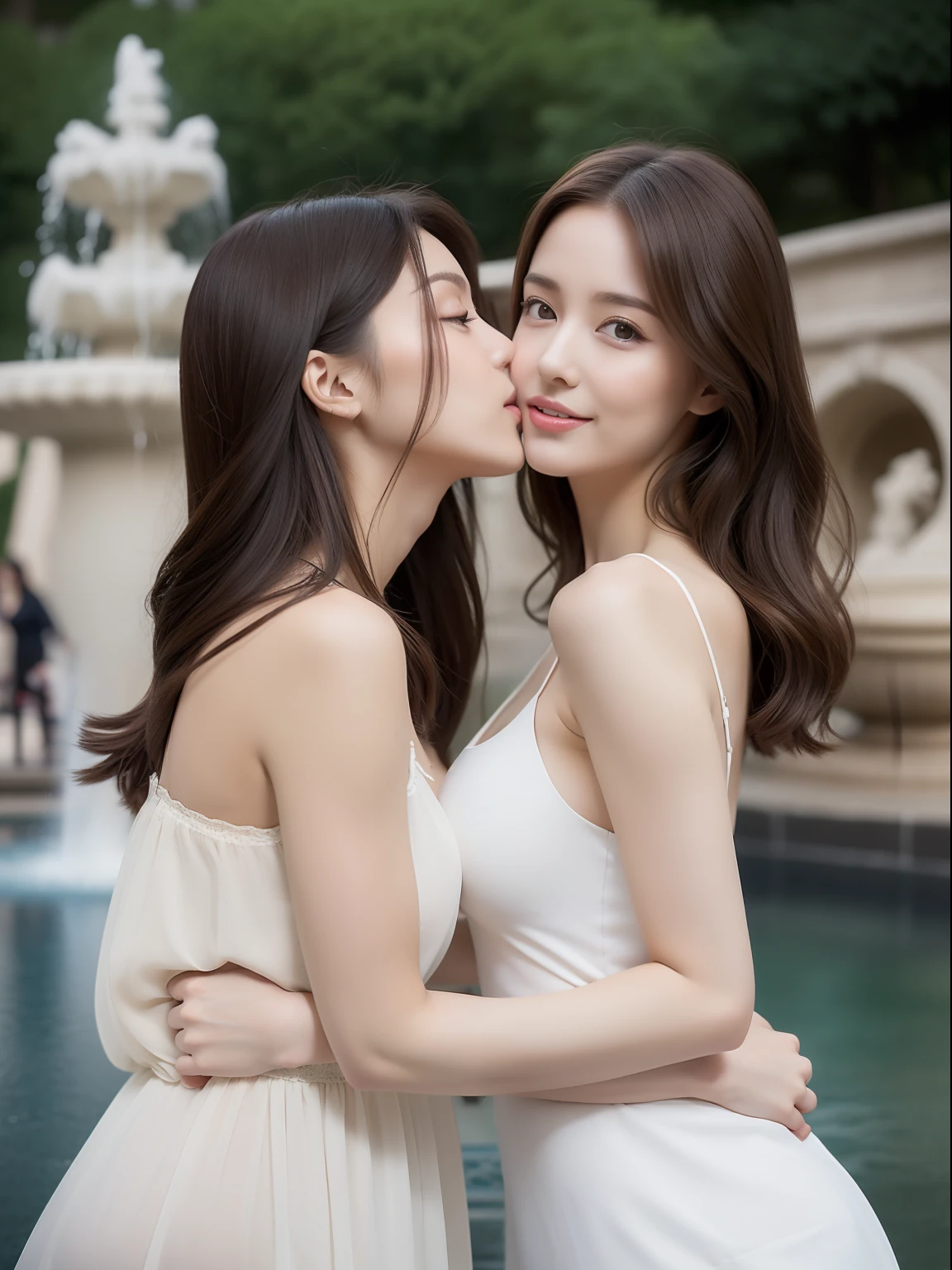 masuter piece, best qualtiy, ((realisitic)), 8K picture quality, (((twin sisters))), extremely delicate and beautiful, magnifica, Official art with attention to detail, Ridiculous, unbelievable Ridiculous, (Put the head in the frame), huge filesize, ultra-detailliert, ighly detailed, (Cute s), (Petite and pretty girl), (Korean beauty), ((Perfect female figure)), large full breasts, Slim waist, big butts, brown haired, White camisole dress, ((Hugging and kissing lightly in front of the fountain)), ssmile