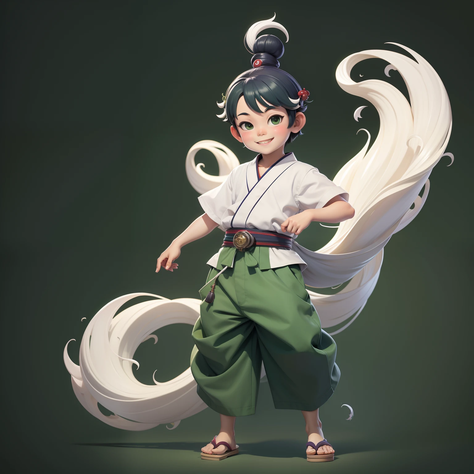 ukiyoe painting, Full body shot, No background, White background, ???, boy, smile, wide Green pants, Wide View, God, wear chakra on hands