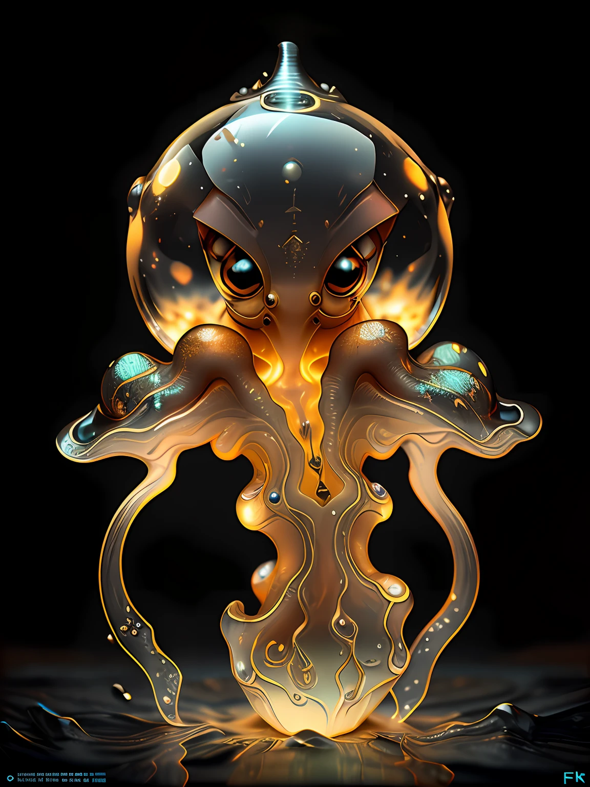 macro shot of (tiny:1.2) transparent alien chtulhu squid on a table, art by Filip Hodas, caustic, redshift render, photorealism, (black environment:1.3)
