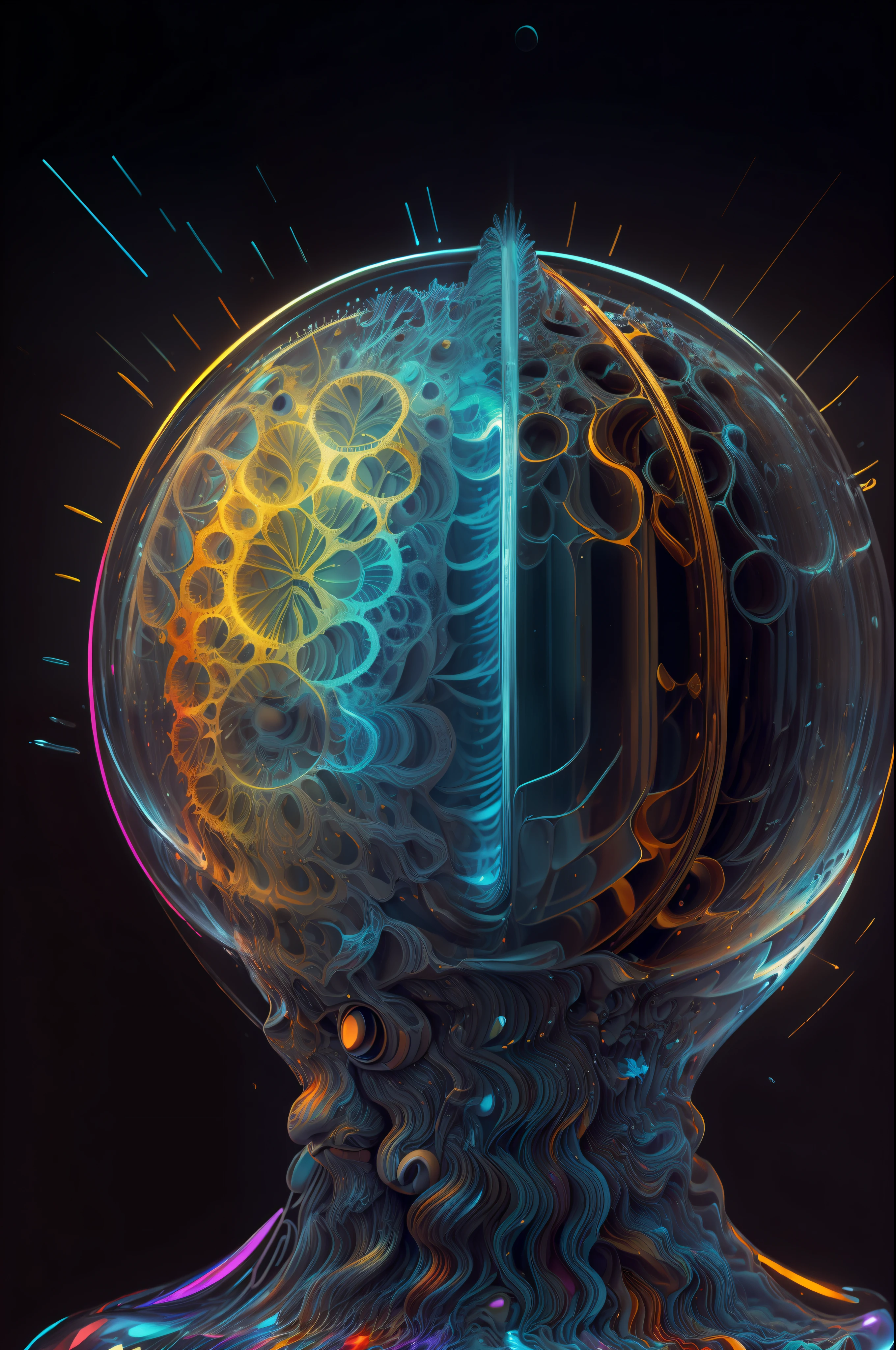(temperatura absoluta cero grados Kelvin ),Arte de Alberto Severo, salpicaduras y gotas congeladas multicolores, dream, Pintura digital surrealista , brillos tornasolados, efectos 3D, Ultra HD, obra de arte magistral ,cinematic lighting,16k