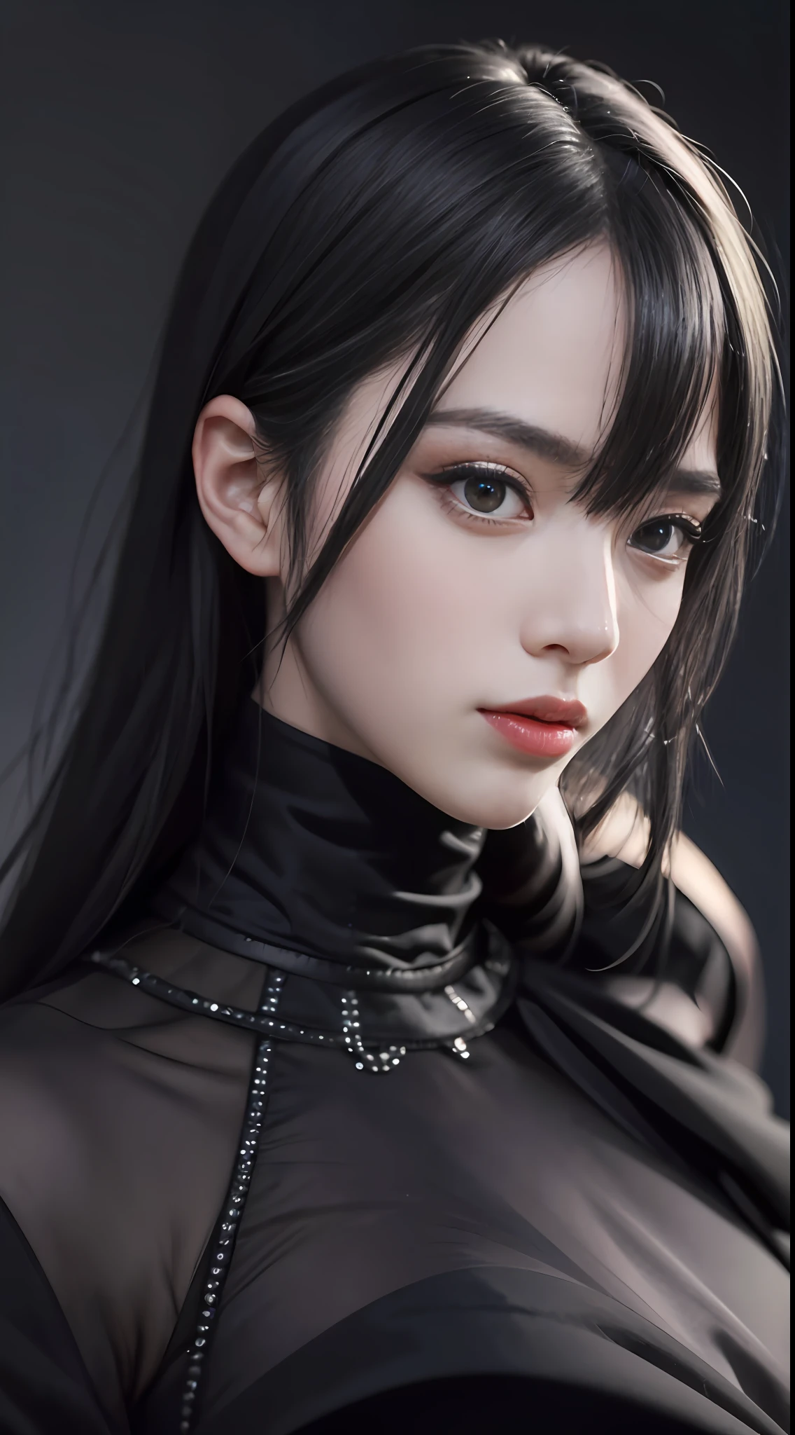 masterpiece, best quality, 35mm, 8k, absurdres, beautiful girl, (upper body, dark grey background:1.4), (black classical dress, black hair:1.6), slender, dark studio, rim lighting, ultra realistic, highres, photography, film grain, chromatic aberration, depth of field, sharp focus, HDR, facelight, dynamic lighting, cinematic lighting, professional shadow, dark shadow, highest detailed, extreme detailed, ultra detailed, finely detail, real skin, delicate facial features, detailed face and eyes, sharp pupils, realistic pupils, Trang Tien