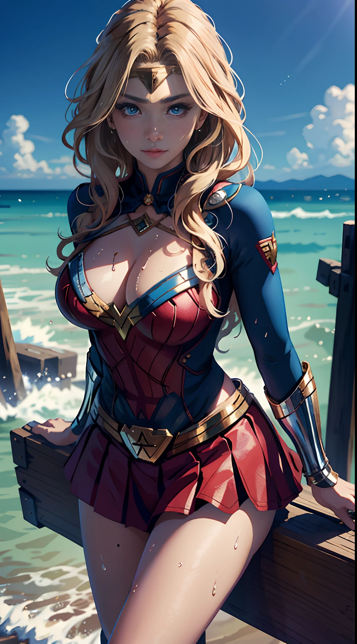 ultra - detailed， Perfect body， Detailed eyes， beuaty girl， JK skirt， roleplaying， 1female，18yr old，Huge breasts，Pornographic exposure， 独奏，（Background with：jetty）， She has long flowing hair， standing on your feet，Sweat profusely，drenched all over the body，，blue color eyes，frontage，blond straight hair， curlies，mostly cloudy sky，Wonder Woman uniform（（（tmasterpiece），（Very detailed CG unity 8K wallpaper），best qualtiy，cinmatic lighting，detailed back ground，beatiful detailed eyes，Bright pupils，（Very fine and beautiful），（Beautiful and detailed eye description），ultra - detailed，tmasterpiece，）），facing at camera，A high resolution，ultra - detailed），熟妇，mature，revealing breasts，facing at camera，Flushed complexion，Orgasmic face，Pornographic exposure，frontage，（（独奏）），At the pier，The upper part of the body，