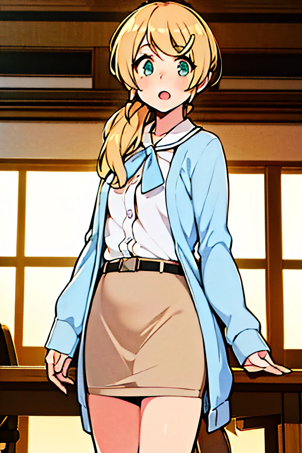 (Best Quality,8K, masterpiece: 1.3),ellenbaker,a girl(teacher),22-years-old,Green eye,Delicate eyes, hair(blonde,long,((loose side tail)),(white transparent blouse),(light blue cardigan),brown tight skirt,